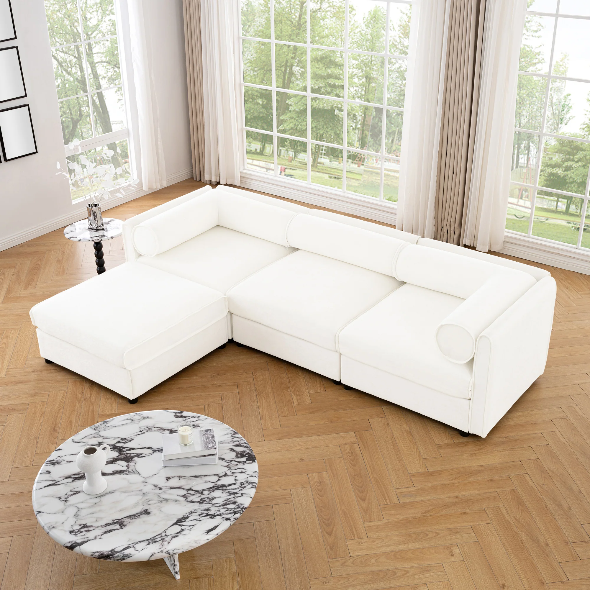 Walker Edison | Contemporary White Chenille L-Shaped Sofa with Storage and Ottoman - Image 4