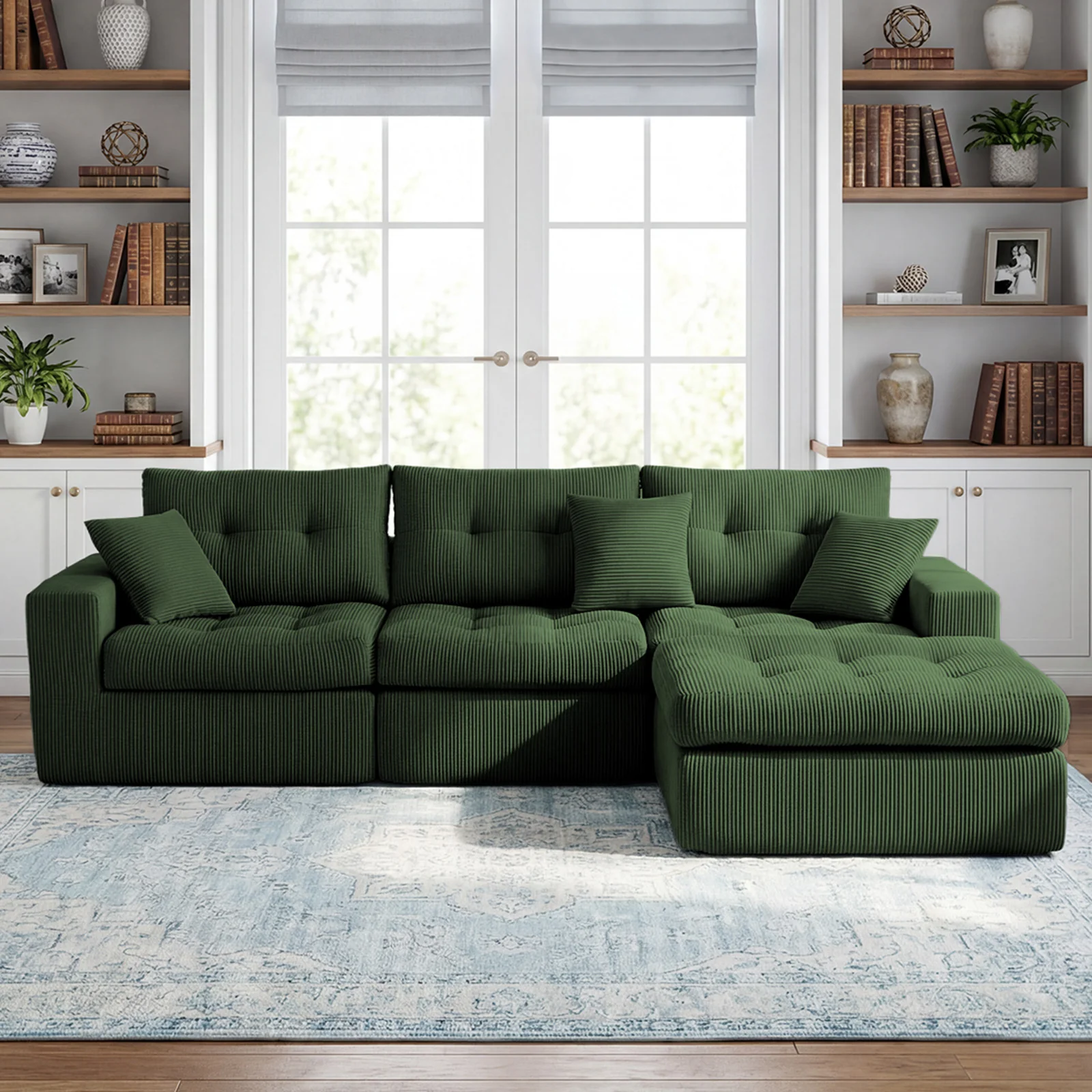 Corduroy Corner Chaise L-Shaped Sectional Sofa Bed with High-Density Sponge
