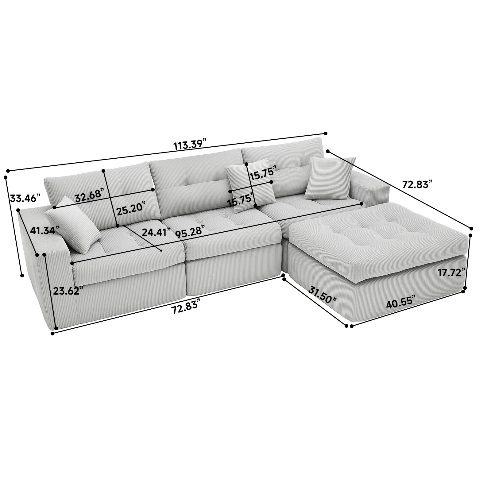 Corduroy Corner Chaise L-Shaped Sectional Sofa Bed with High-Density Sponge - Image 10