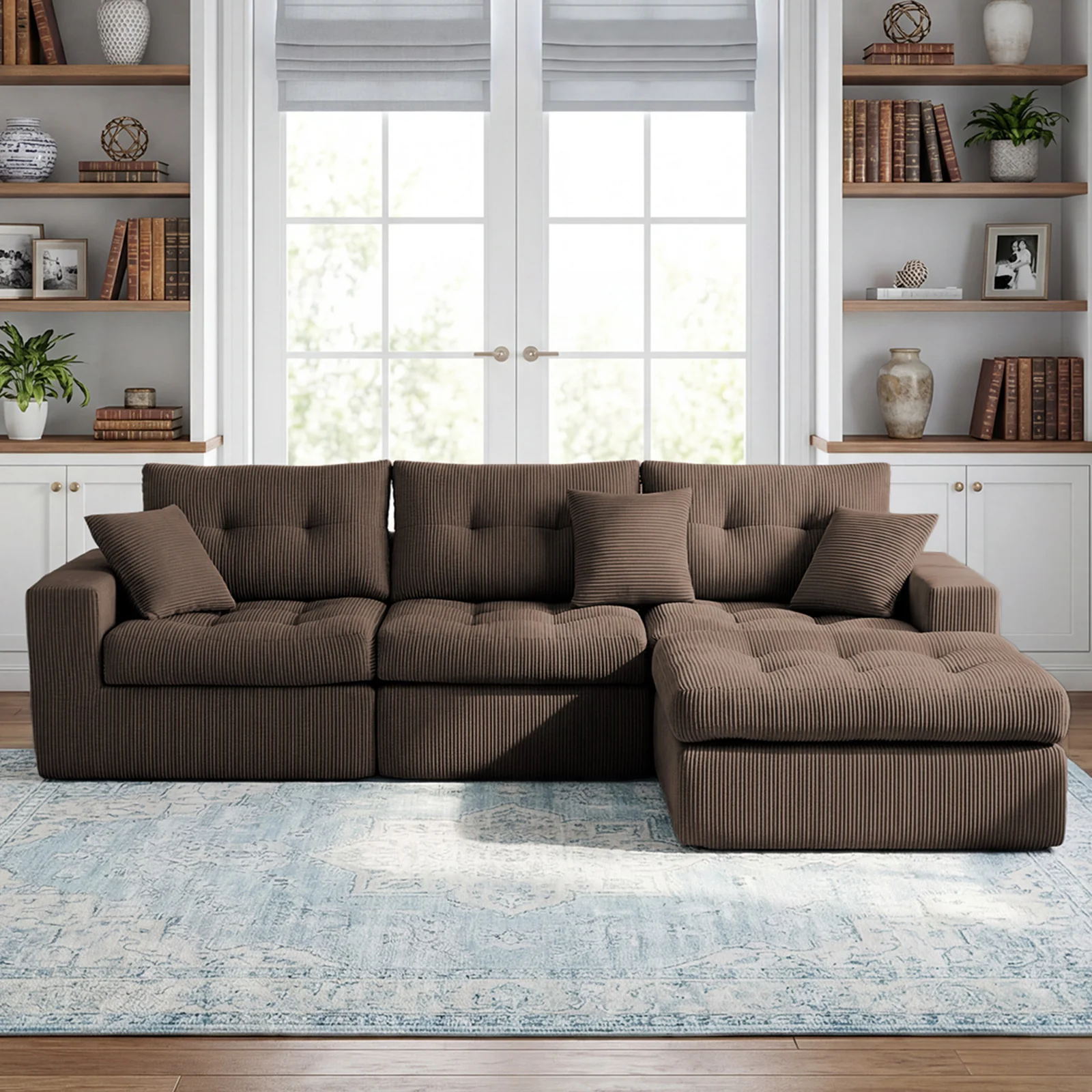 Corduroy Corner Chaise L-Shaped Sectional Sofa Bed with High-Density Sponge - Image 2