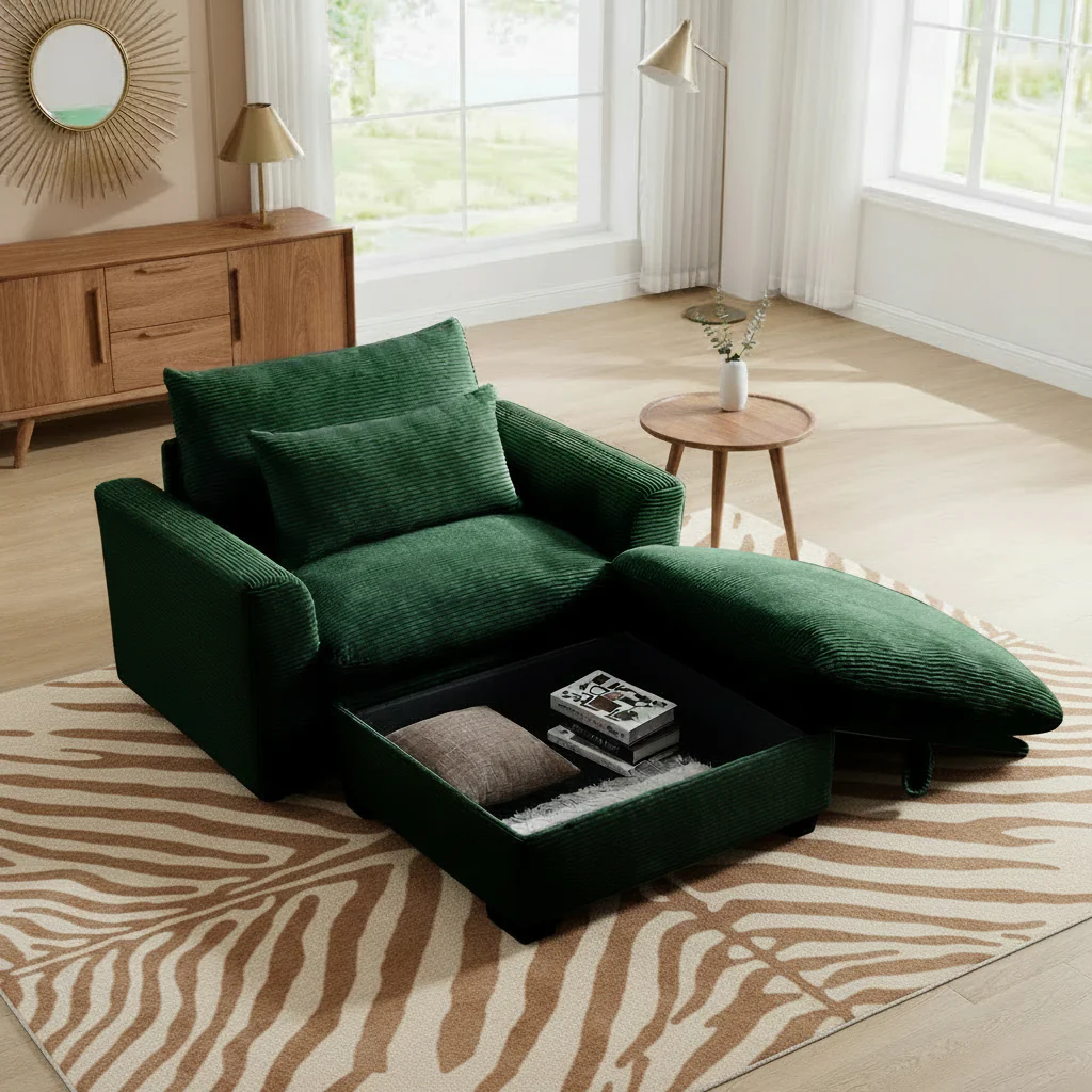 Walker Edison | Corduroy Deep Seat Accent Chair with Storage Ottoman