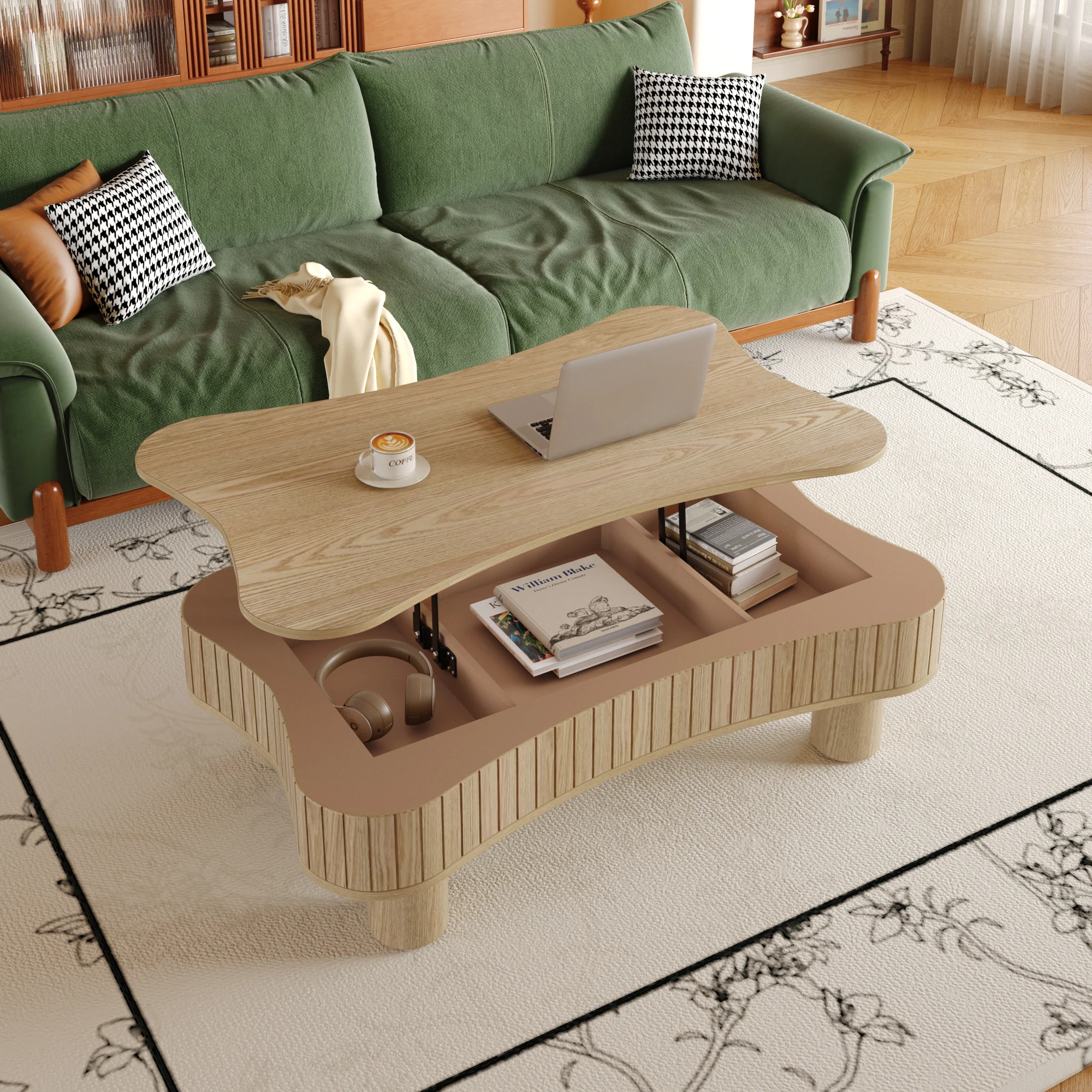 Walker Edison | Curve Design Reeded Lift Top Coffee Table and Desk