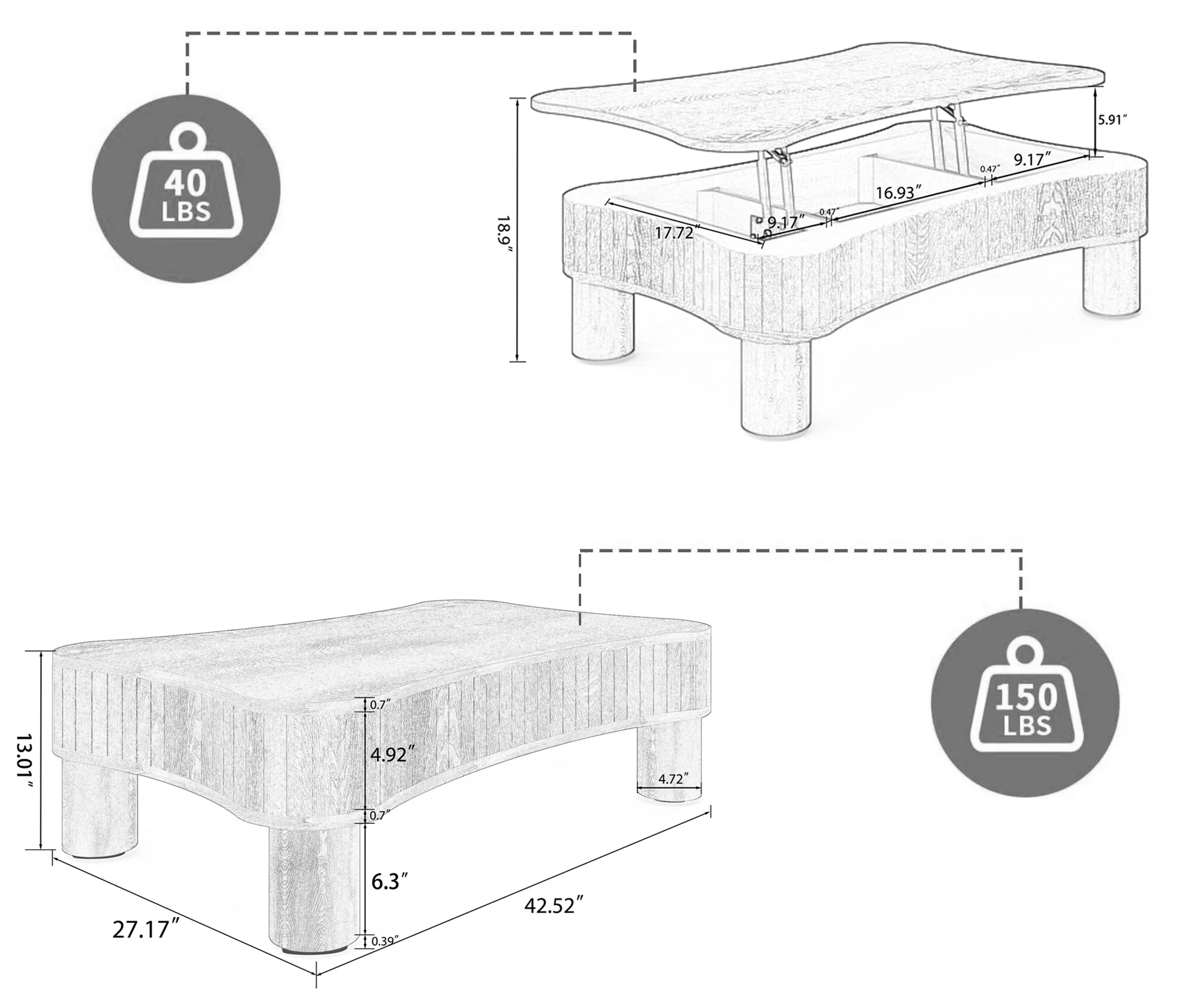 Walker Edison | Curve Design Reeded Lift Top Coffee Table and Desk - Image 10