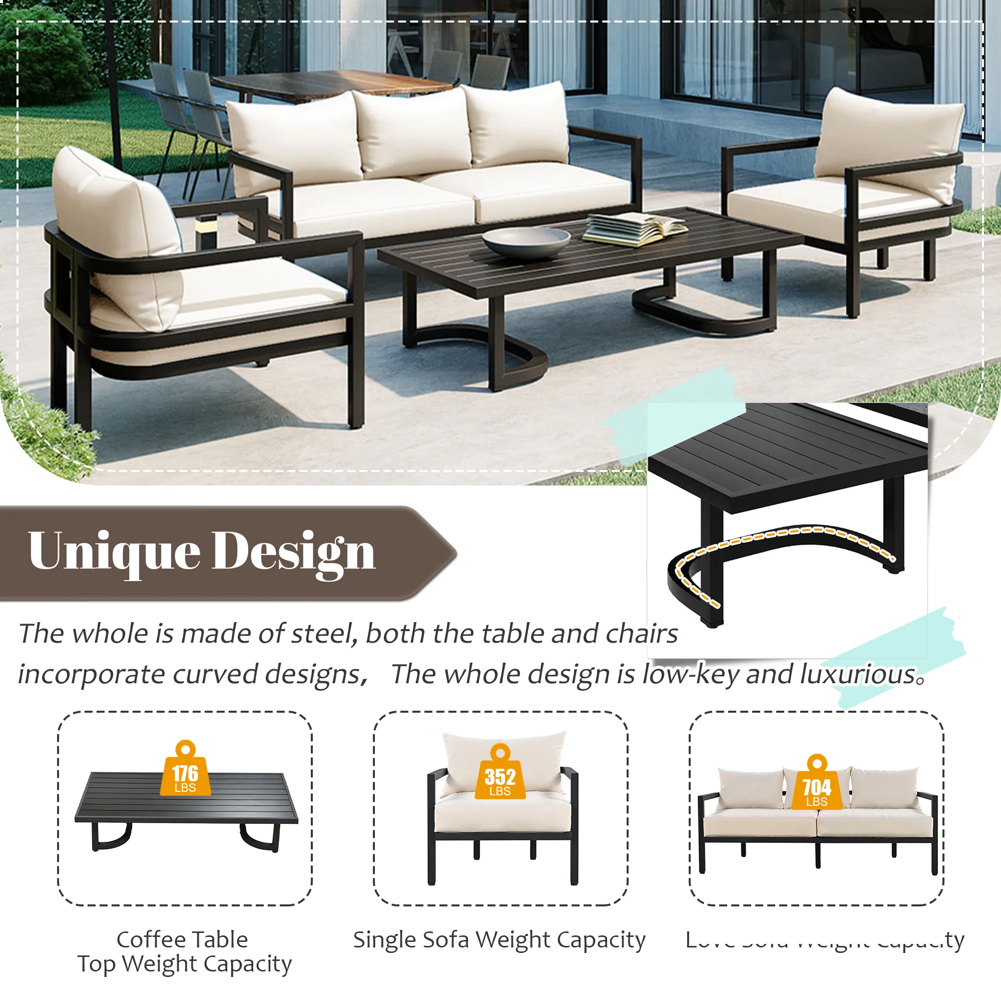 Walker Edison | Curve Design Steel Outdoor Sofa Set - Image 16