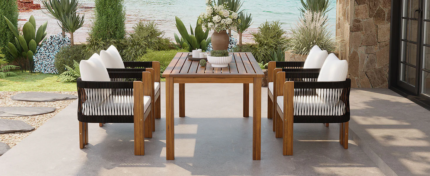 Curve Teak Wood Rope 5-Piece Outdoor Patio Dining Set for 4 - Image 15