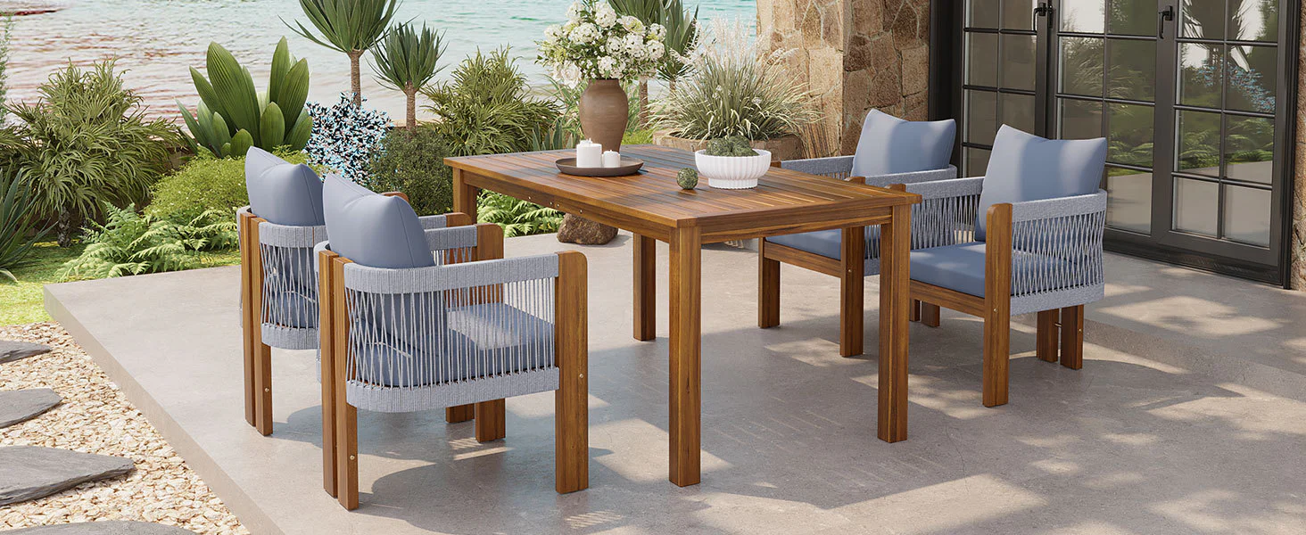 Curve Teak Wood Rope 5-Piece Outdoor Patio Dining Set for 4 - Image 16