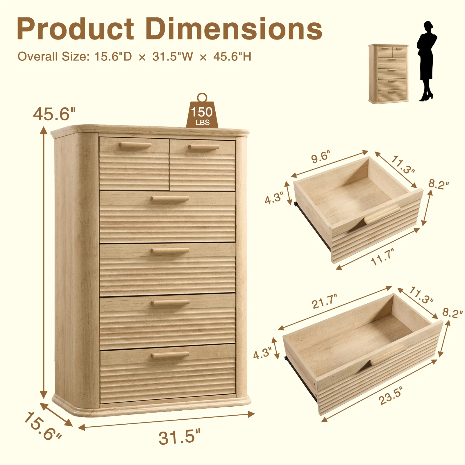 Curved Tall Fluted 6 Drawers Dresser Chest - Image 6