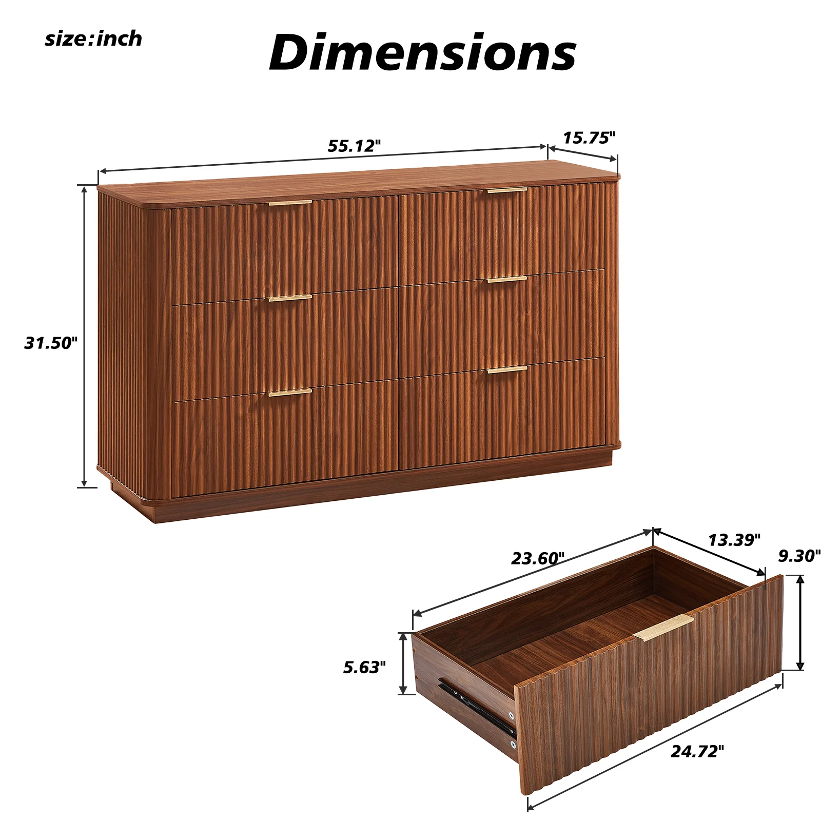 Curved wave Design Fluted 55' Wide Modern 6 Drawers Dresser - Image 27