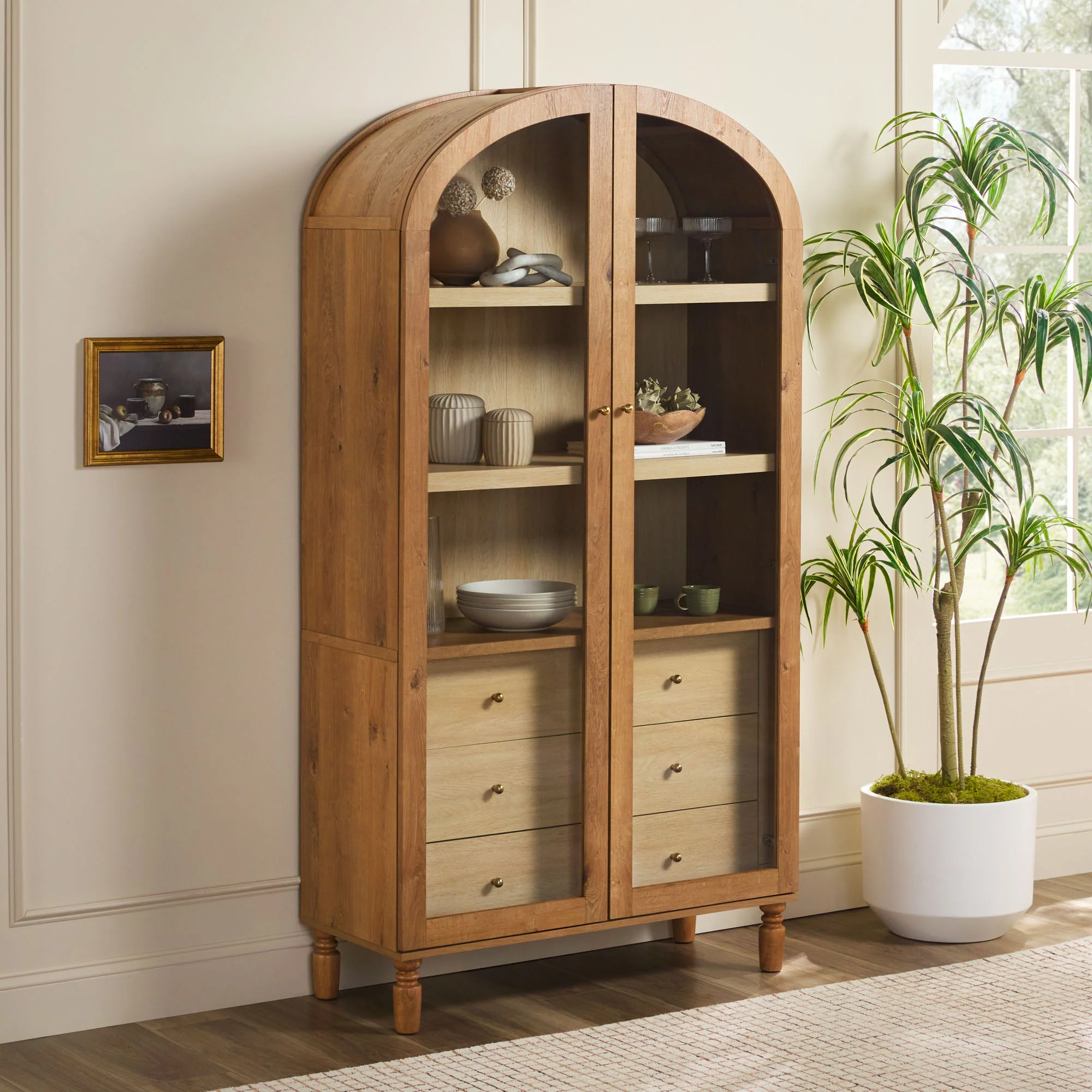 Darci Modern Arched Bookshelf Cabinet with Glass Doors & Inner Drawers - Image 2