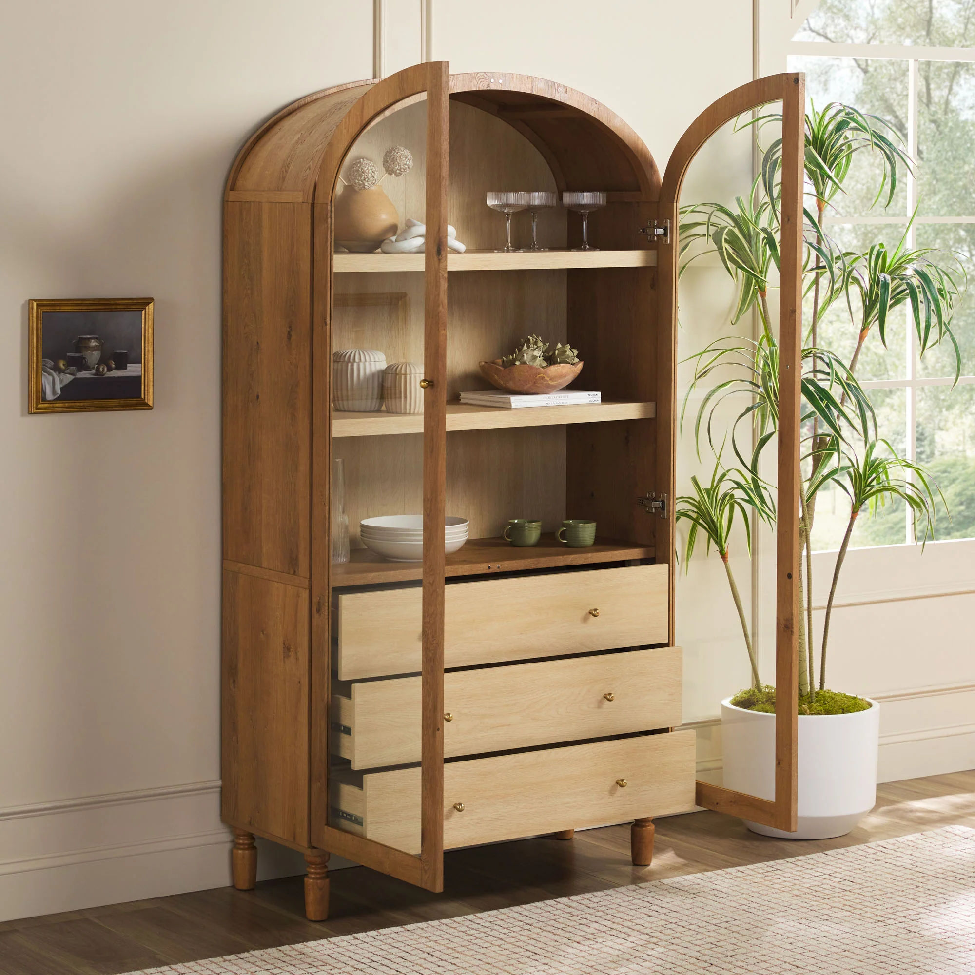 Darci Modern Arched Bookshelf Cabinet with Glass Doors & Inner Drawers - Image 23