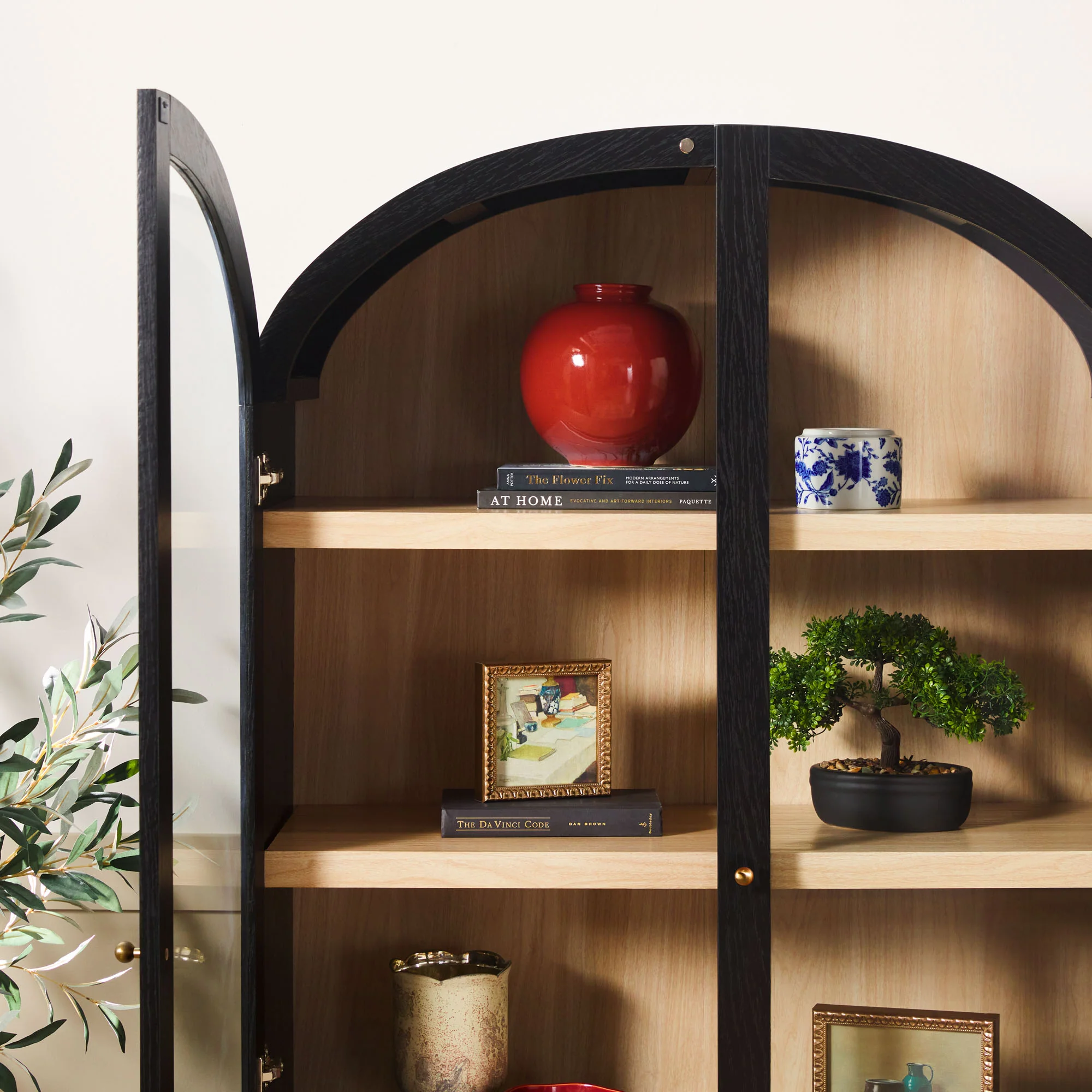 Darci Modern Arched Bookshelf Cabinet with Glass Doors & Inner Drawers - Image 6
