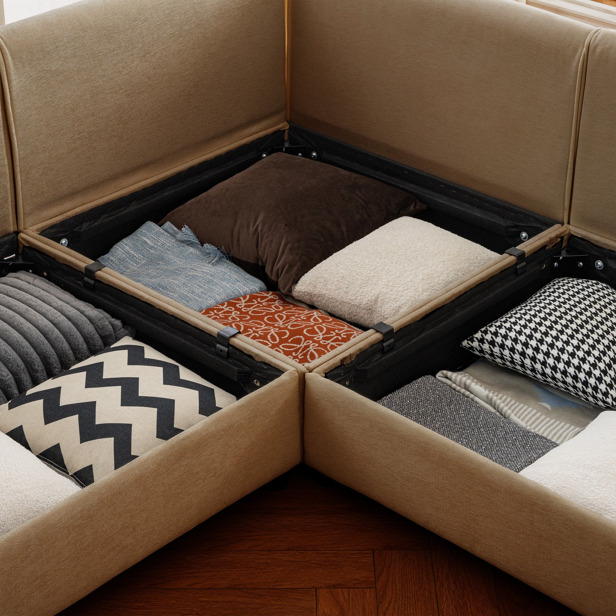 Walker Edison | Elegant Camel Chenille Sofa with Storage Seat and Ottoman - Image 2