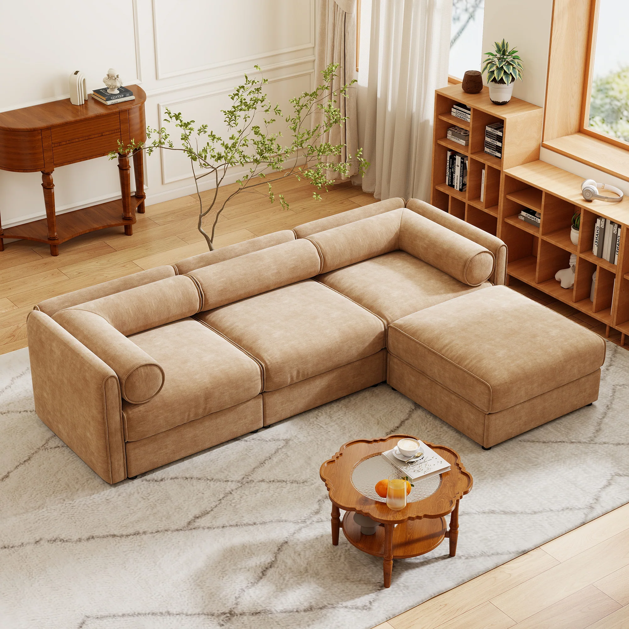 Walker Edison | Elegant Camel Chenille Sofa with Storage Seat and Ottoman - Image 5