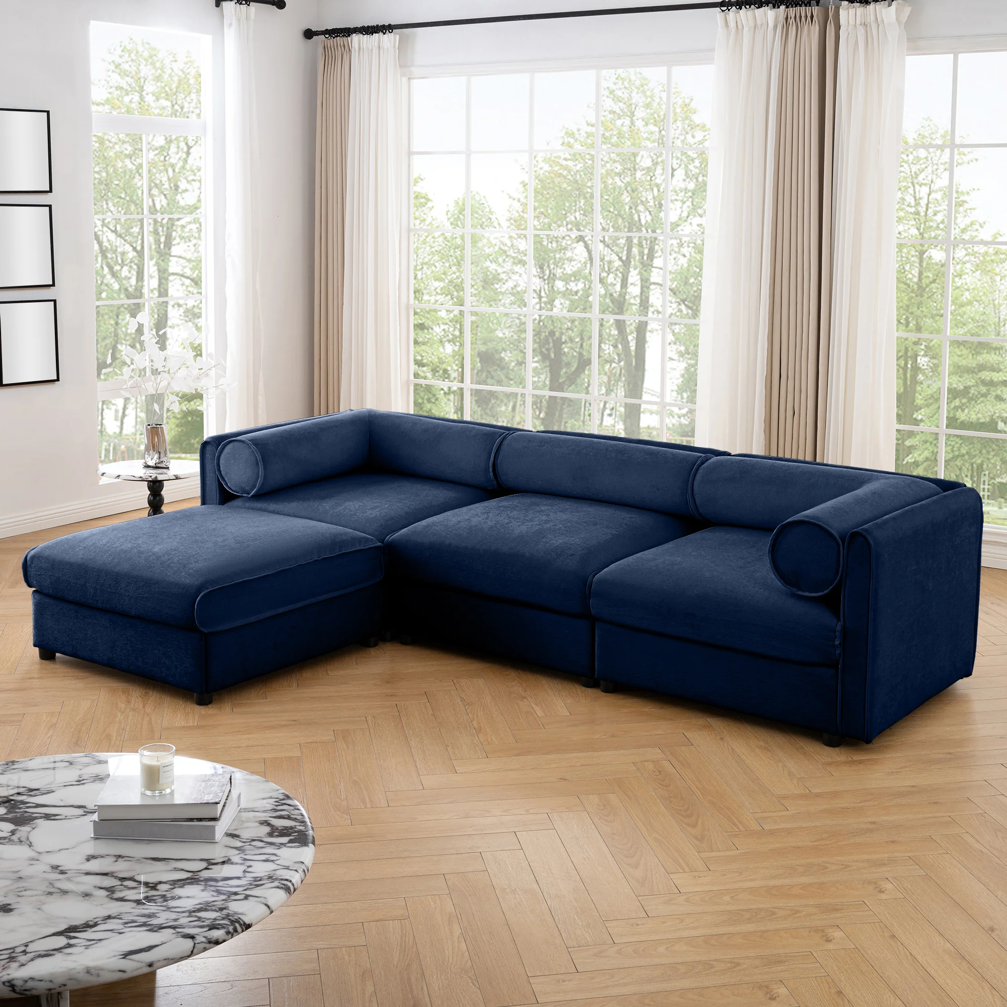 Walker Edison | Elegant L-Shaped Blue Chenille 3-Seater Sofa with Storage and Ottoman - Image 7