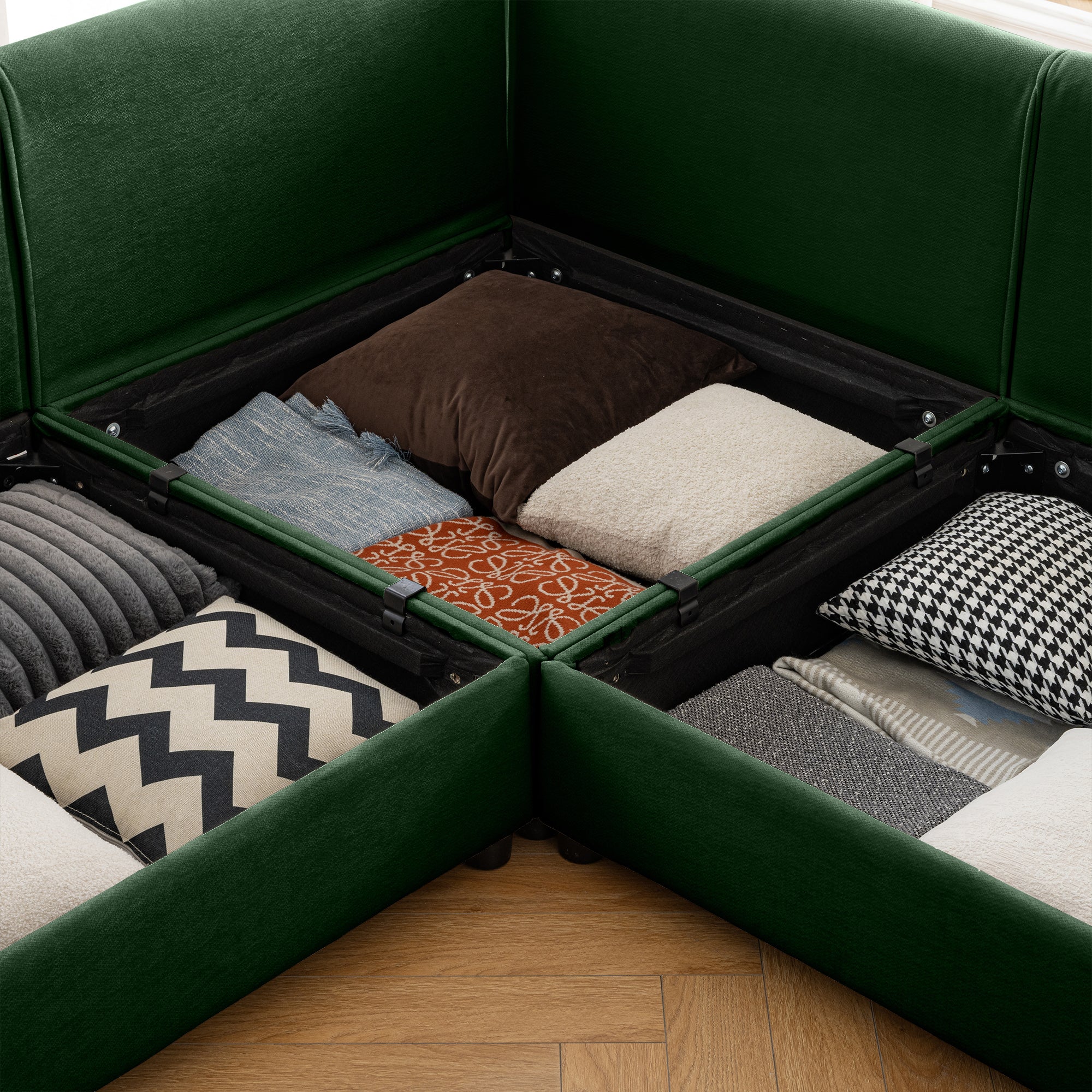 Walker Edison | Elegant L-Shaped Green Chenille Sofa with Storage Seat and Ottoman - Image 13