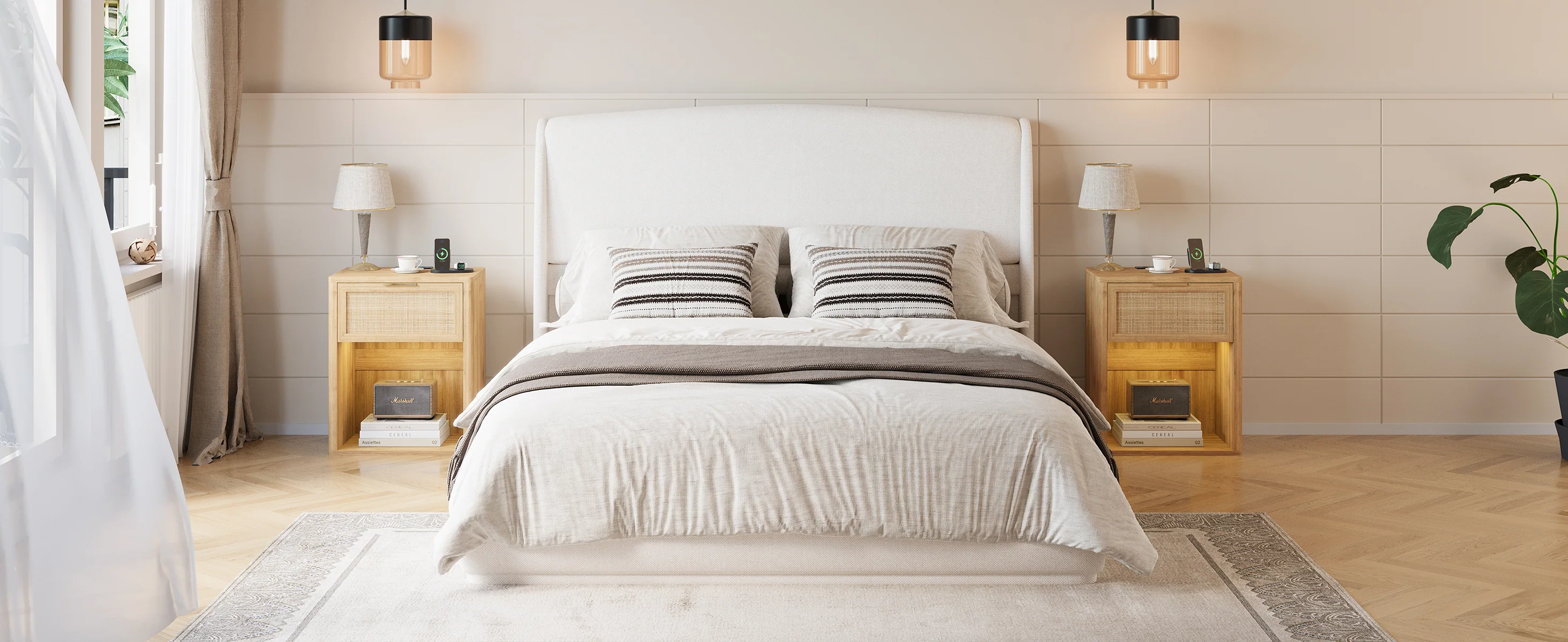 Elegant Linen Upholstered Queen Bed Frame with Wingback Headboard - Image 22