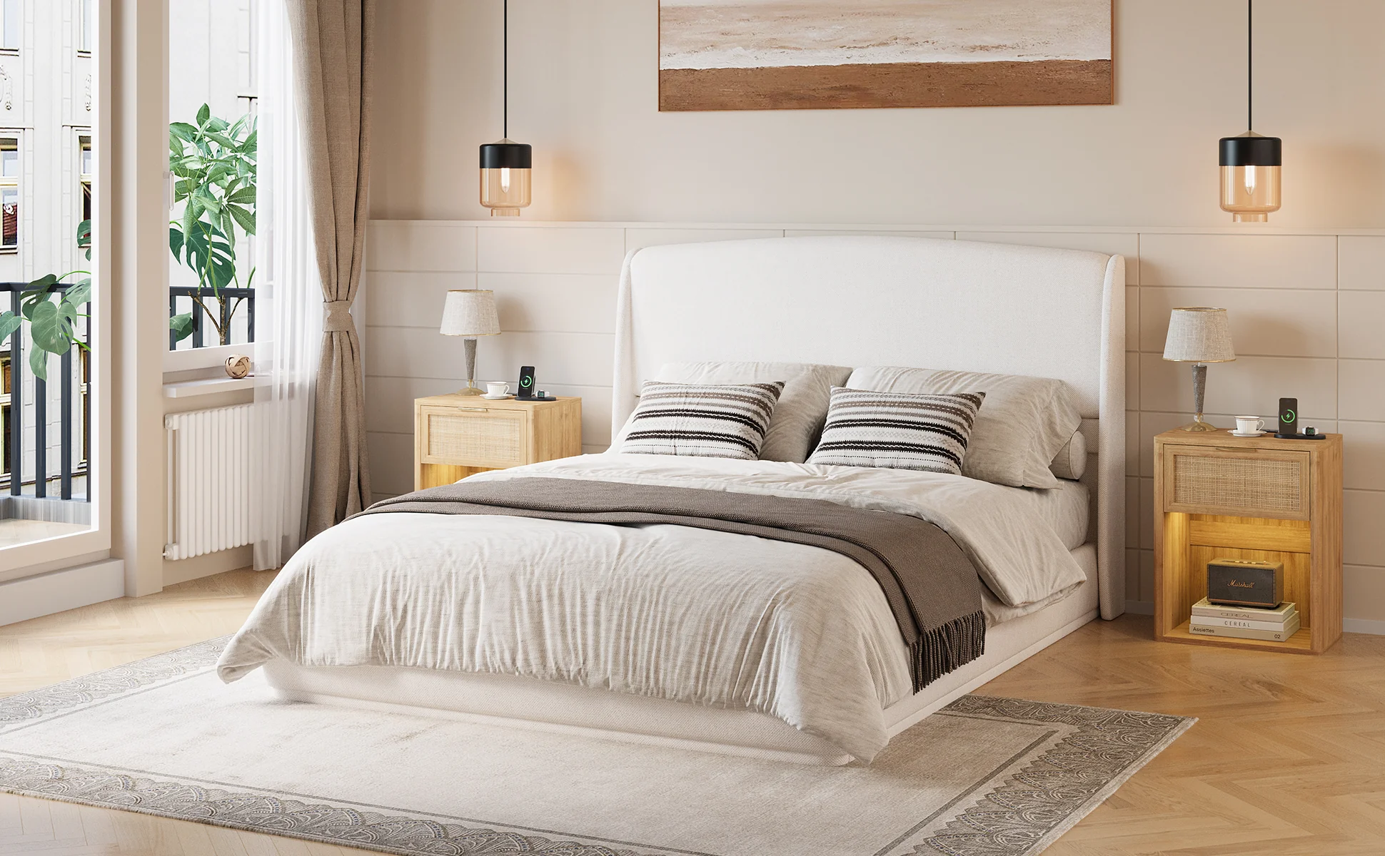 Elegant Linen Upholstered Queen Bed Frame with Wingback Headboard - Image 26