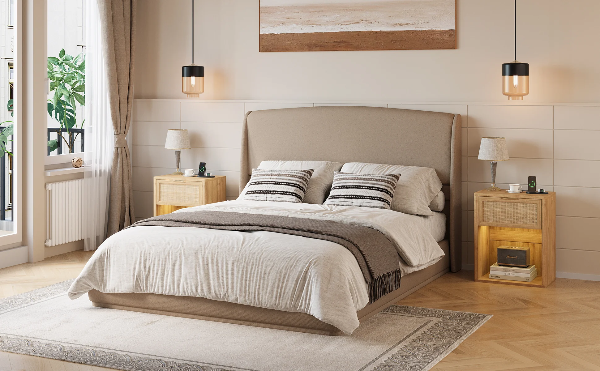 Elegant Linen Upholstered Queen Bed Frame with Wingback Headboard - Image 27