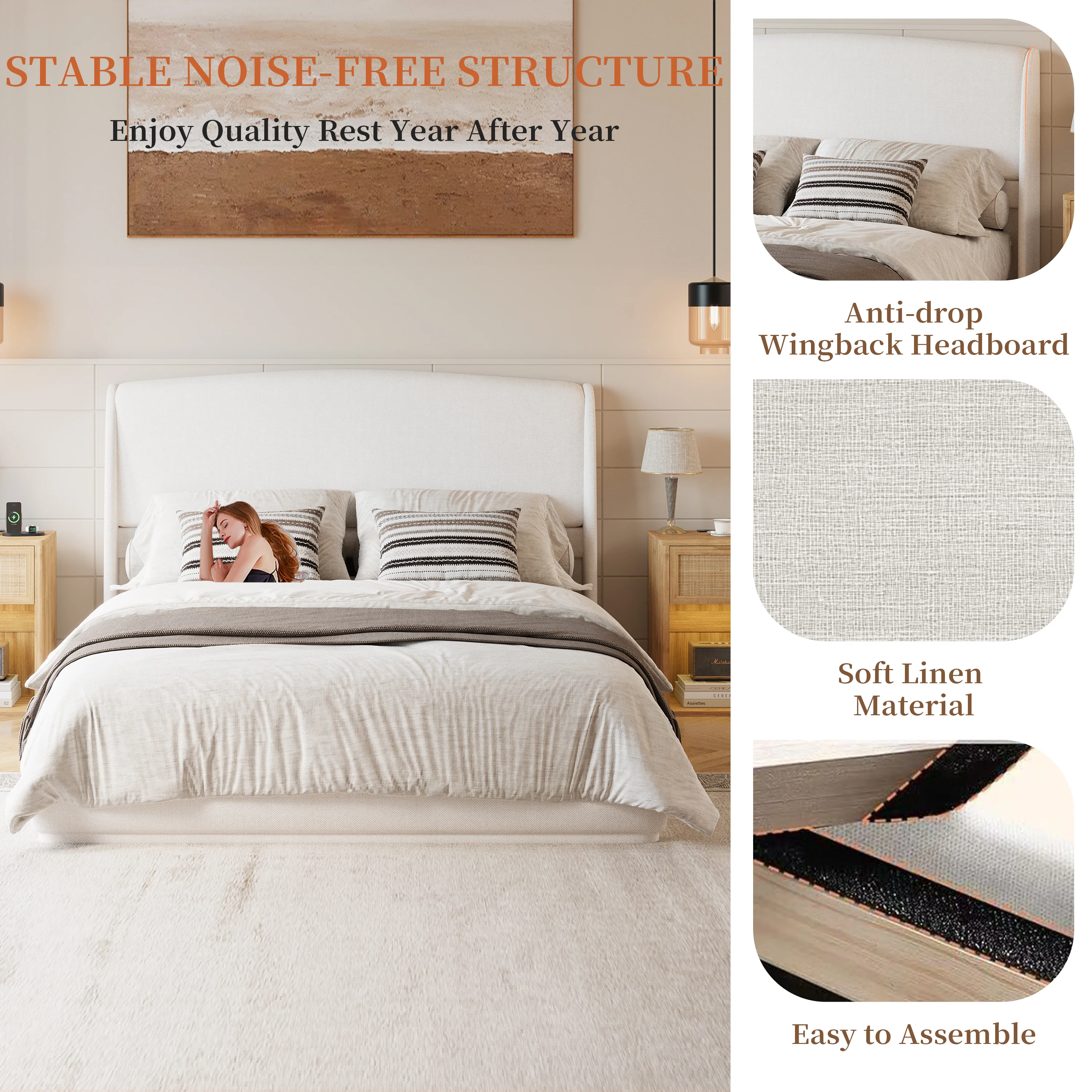 Elegant Linen Upholstered Queen Bed Frame with Wingback Headboard - Image 8