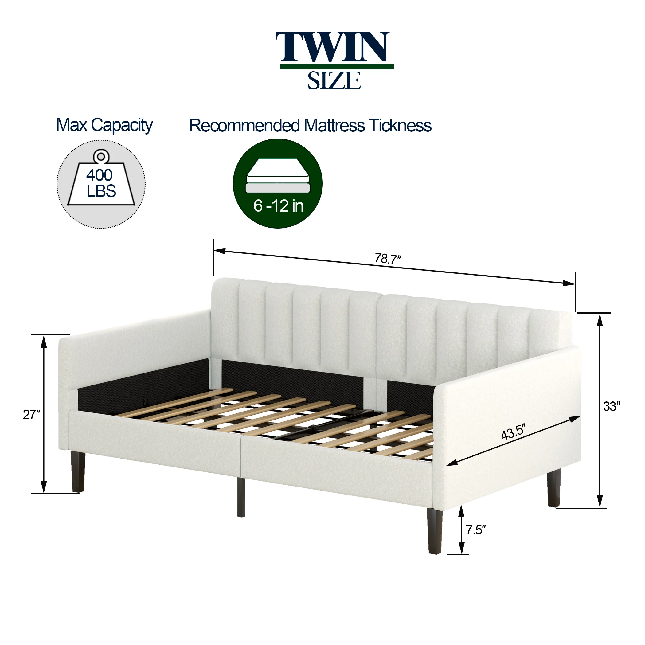 Walker Edison | Elena Twin Size Ivory Boucle Upholstered Daybed - Image 3