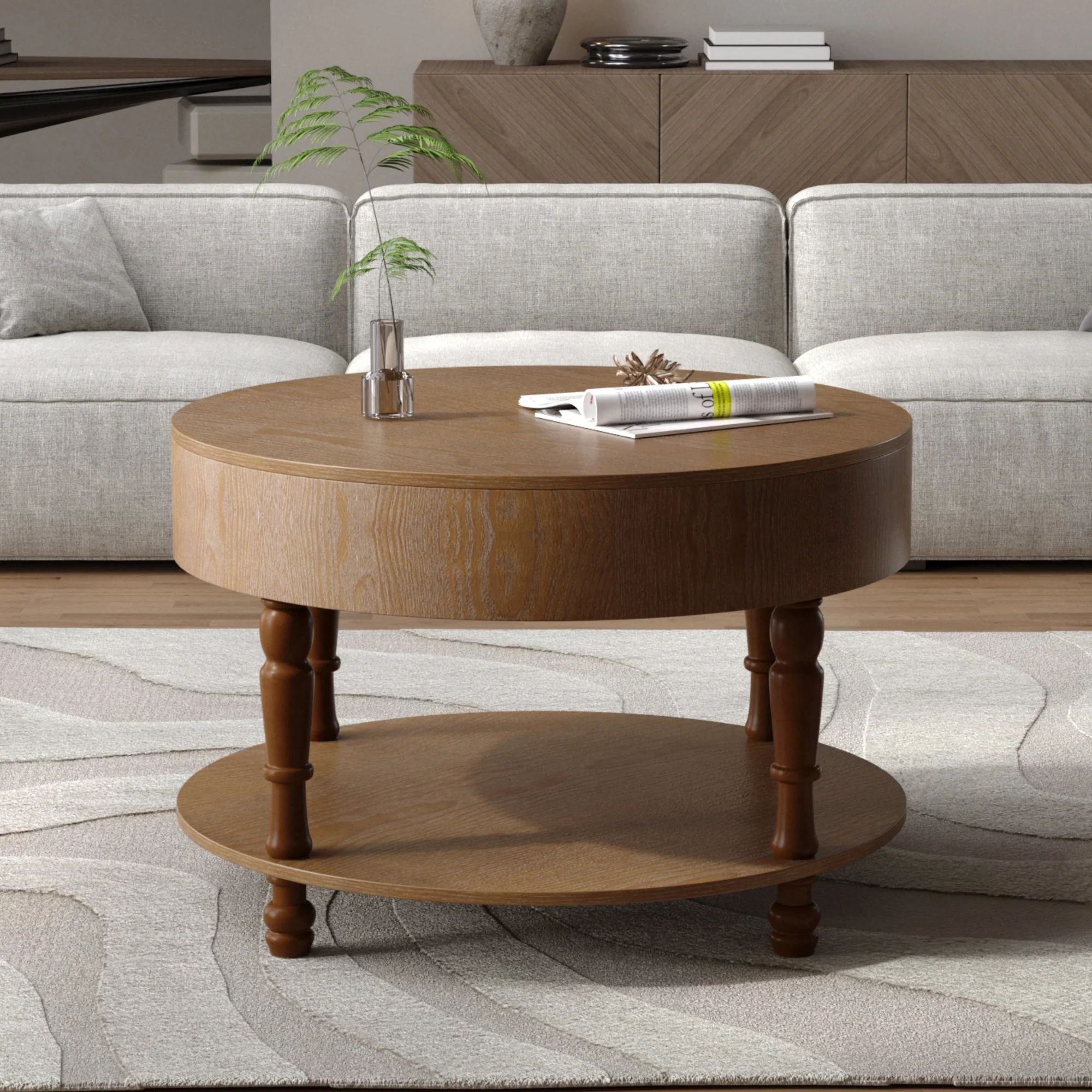 Walker Edison | Elevated Traditional 31.5' Round Coffee Table with Dual Storage - Image 4
