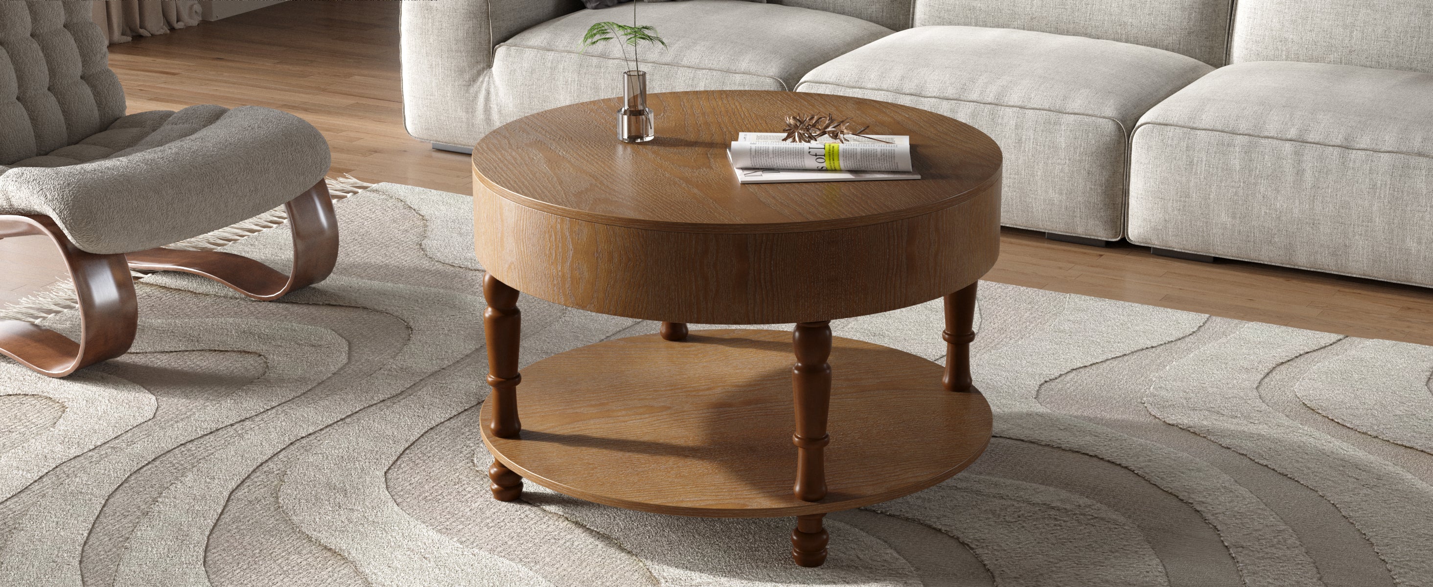 Walker Edison | Elevated Traditional 31.5' Round Coffee Table with Dual Storage - Image 6