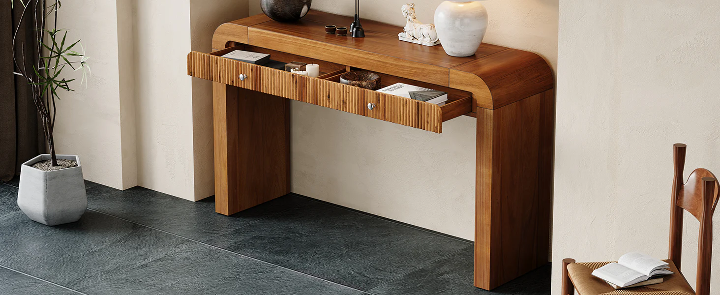 Walker Edison | Entryway Fluted Curve Design Console/Desk Table with Drawers - Image 15