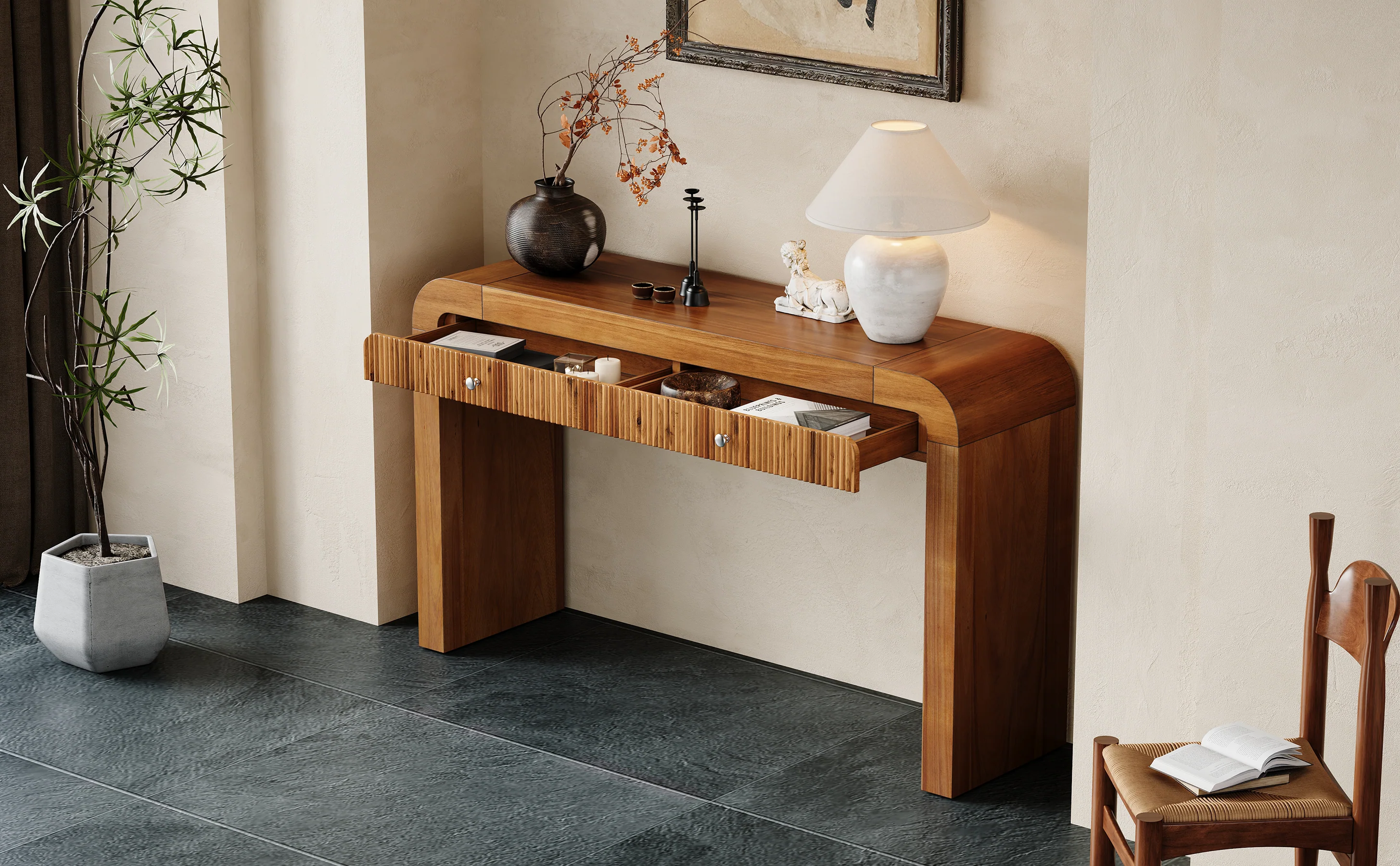 Walker Edison | Entryway Fluted Curve Design Console/Desk Table with Drawers - Image 16
