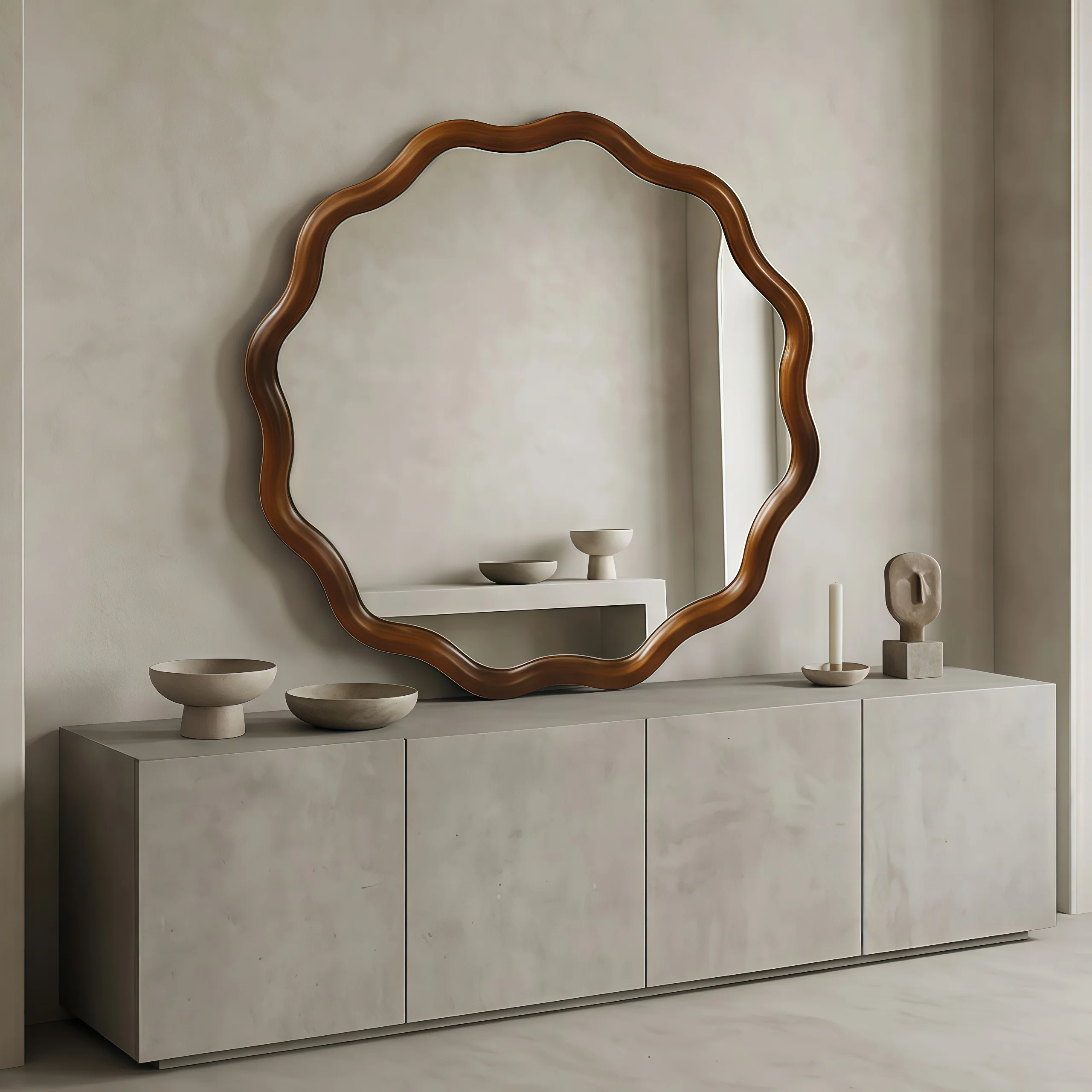 Walnut Color 36-inch Wavy Round Solid Wood Frame Decorative Mirror