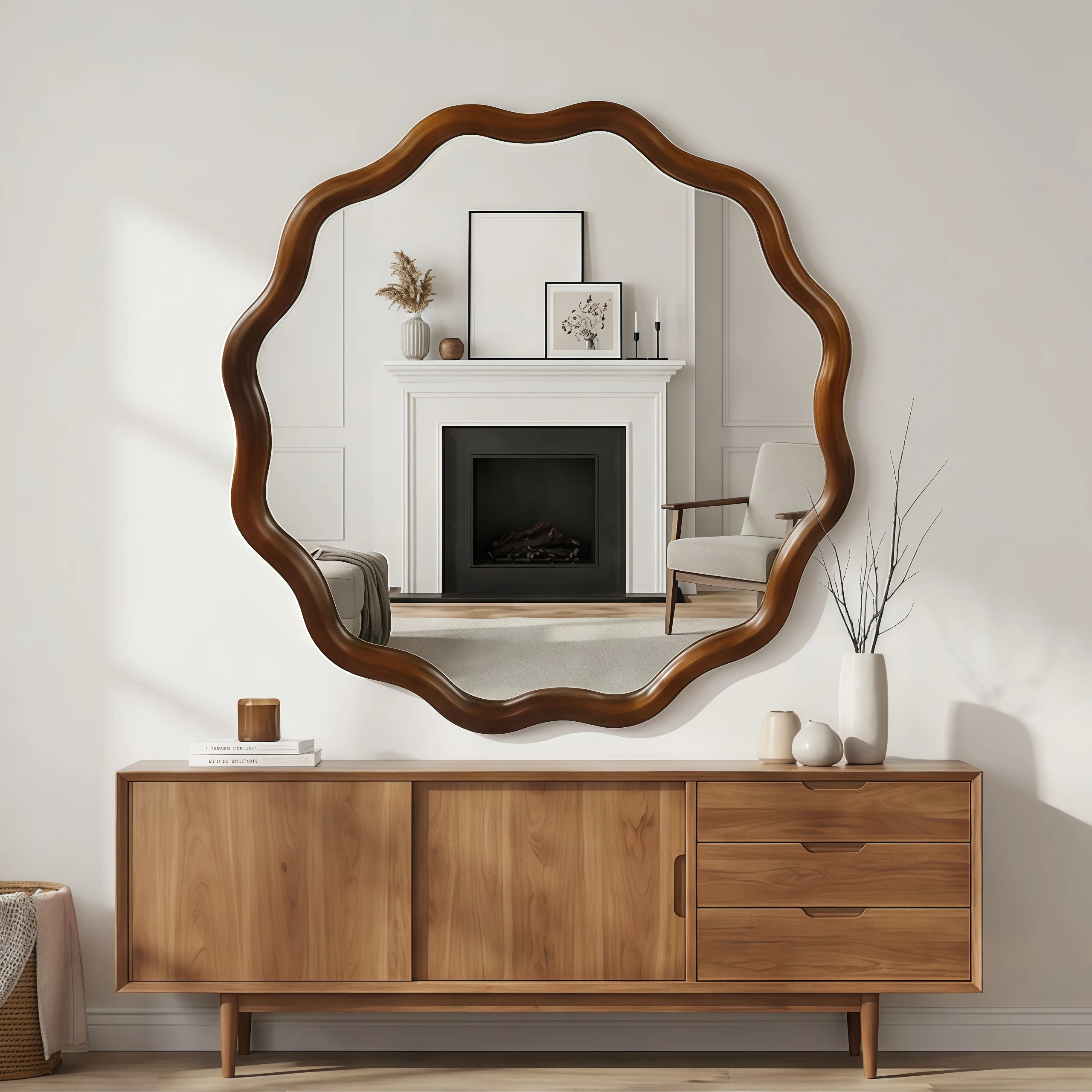 Walnut Color 36-inch Wavy Round Solid Wood Frame Decorative Mirror - Image 10