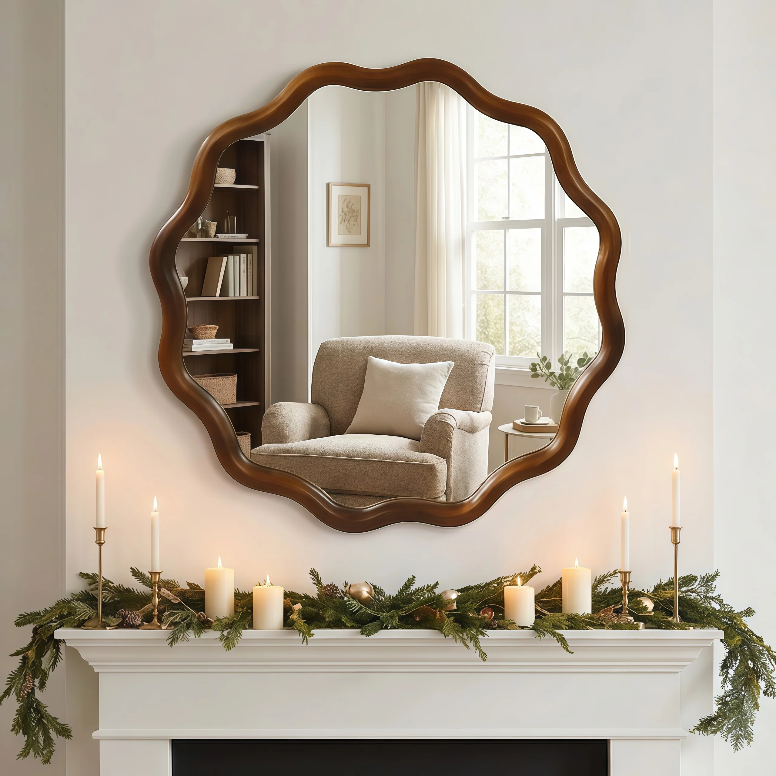 Walnut Color 36-inch Wavy Round Solid Wood Frame Decorative Mirror - Image 11