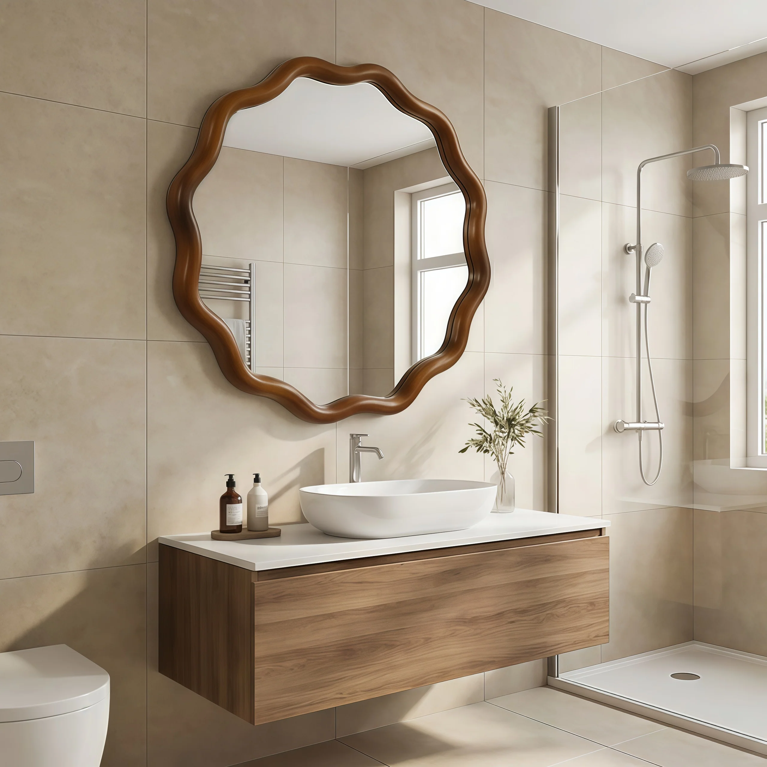 Walnut Color 36-inch Wavy Round Solid Wood Frame Decorative Mirror - Image 12