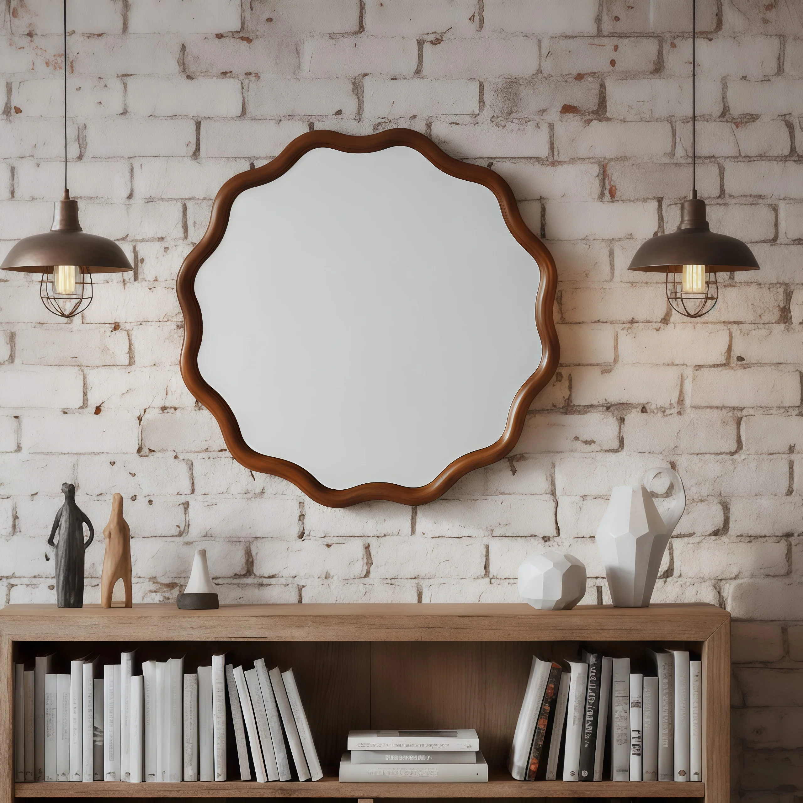 Walnut Color 36-inch Wavy Round Solid Wood Frame Decorative Mirror - Image 13