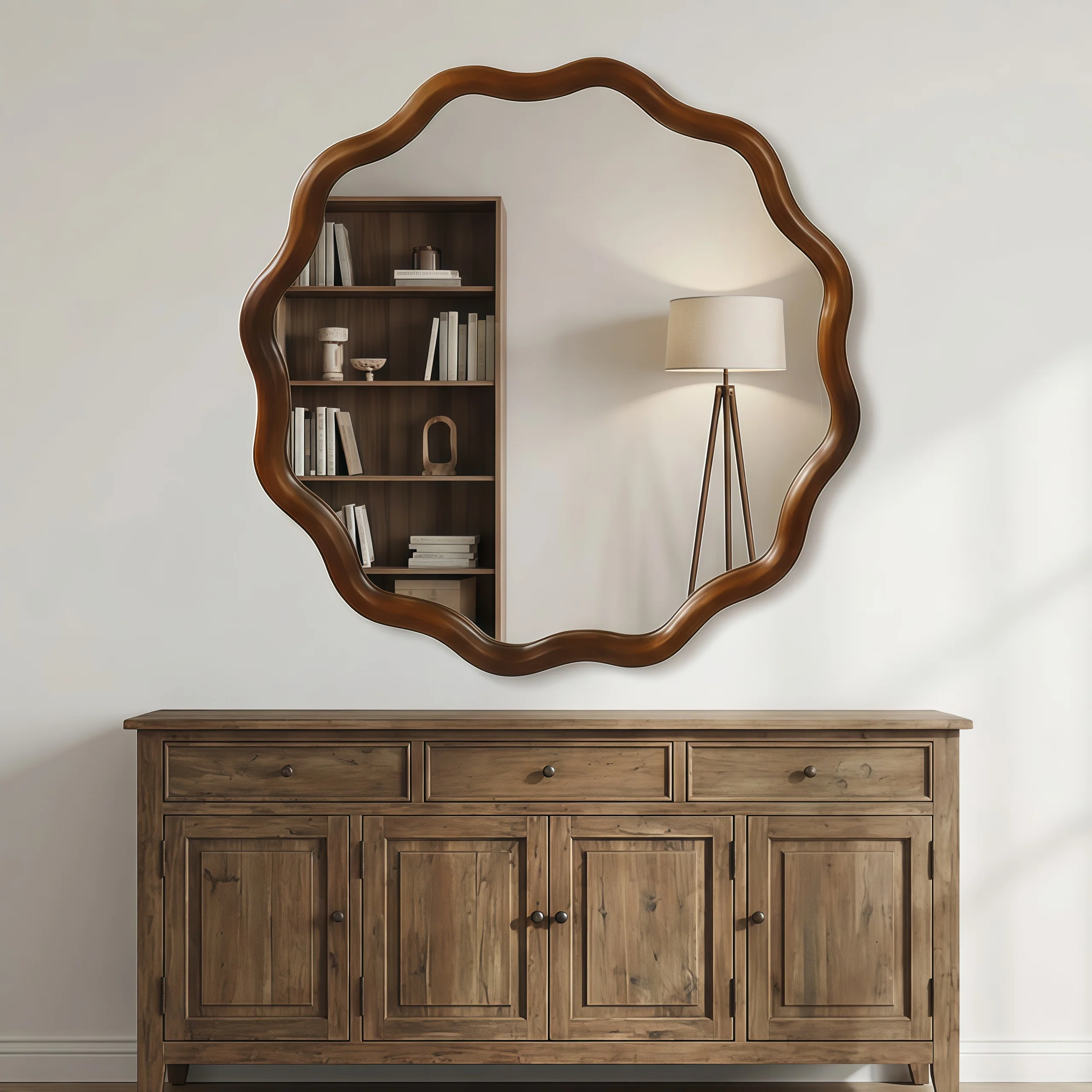 Walnut Color 36-inch Wavy Round Solid Wood Frame Decorative Mirror - Image 14