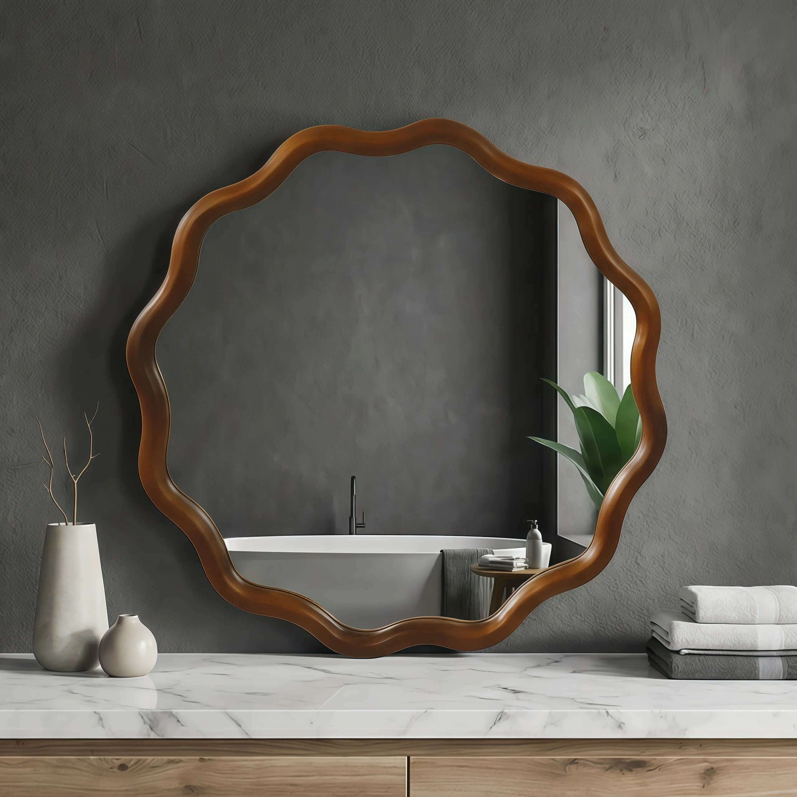 Walnut Color 36-inch Wavy Round Solid Wood Frame Decorative Mirror - Image 17