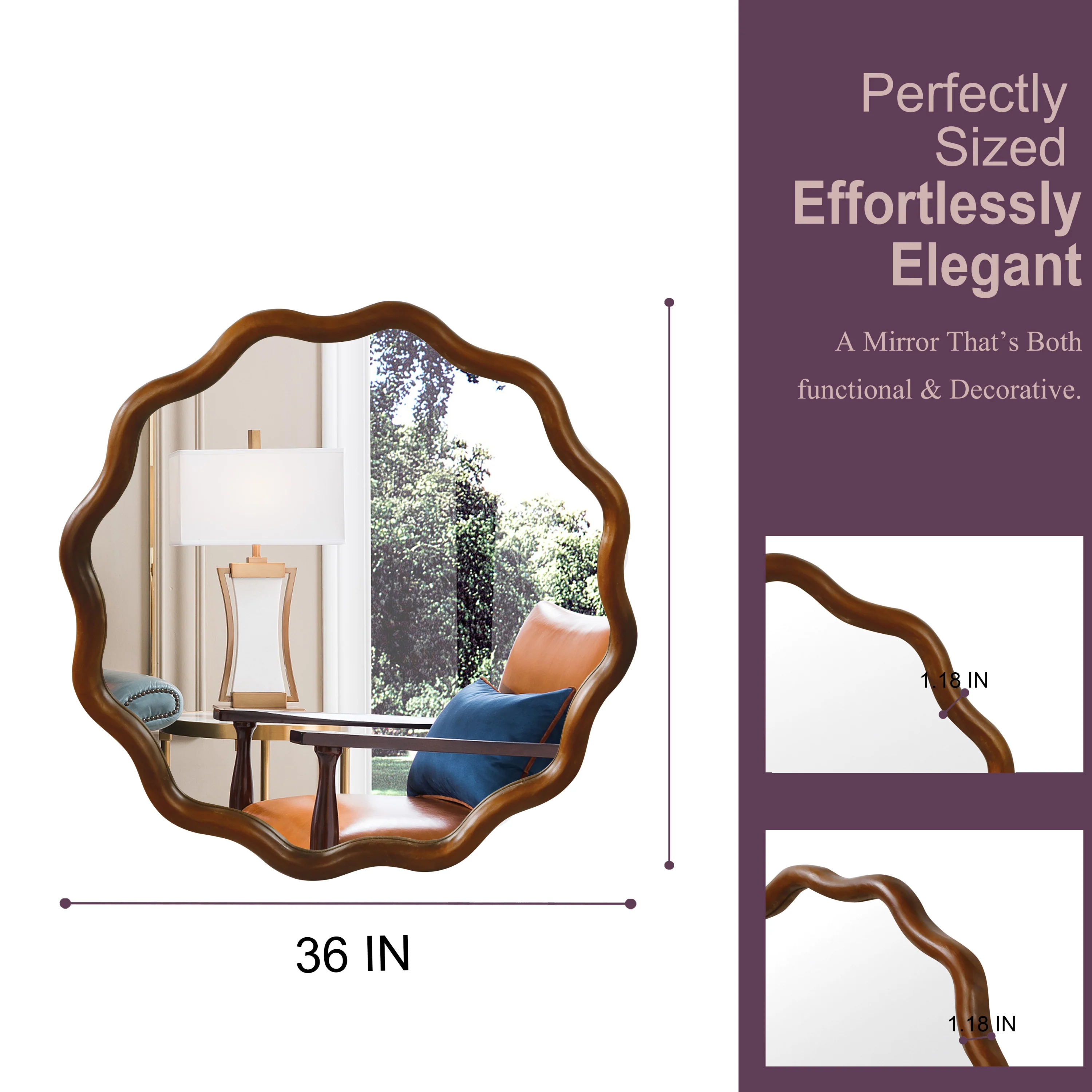 Walnut Color 36-inch Wavy Round Solid Wood Frame Decorative Mirror - Image 4