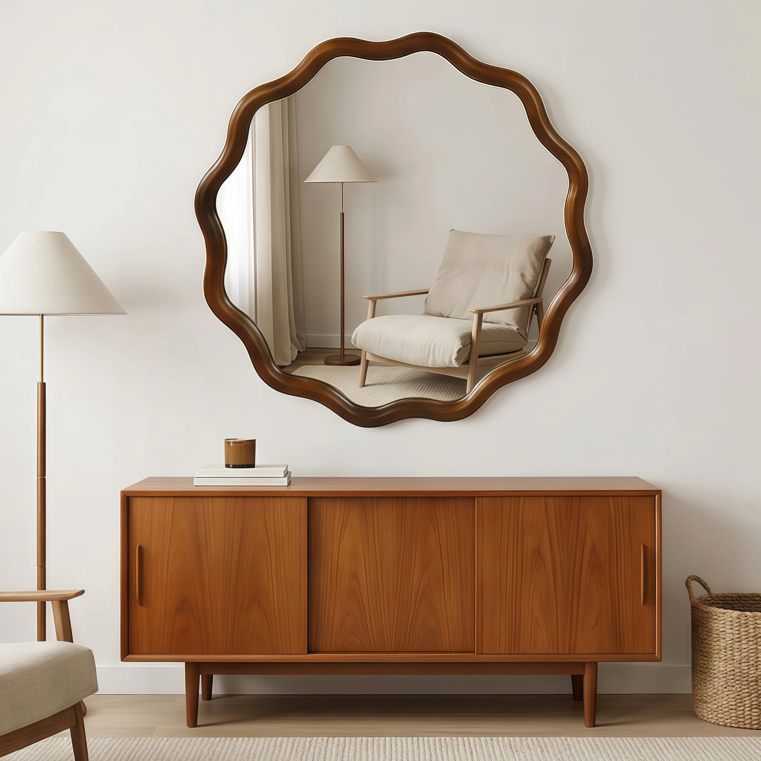 Walnut Color 36-inch Wavy Round Solid Wood Frame Decorative Mirror - Image 5