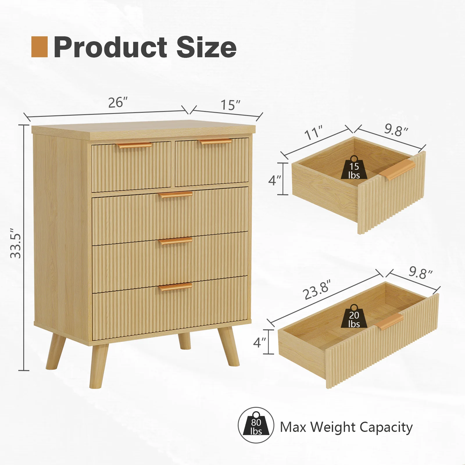Fluted 5 Drawer 26" Dresser Chest - Image 11