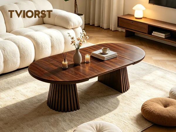 Fluted Design Extendable Wooden Curve Coffee Table - Image 19