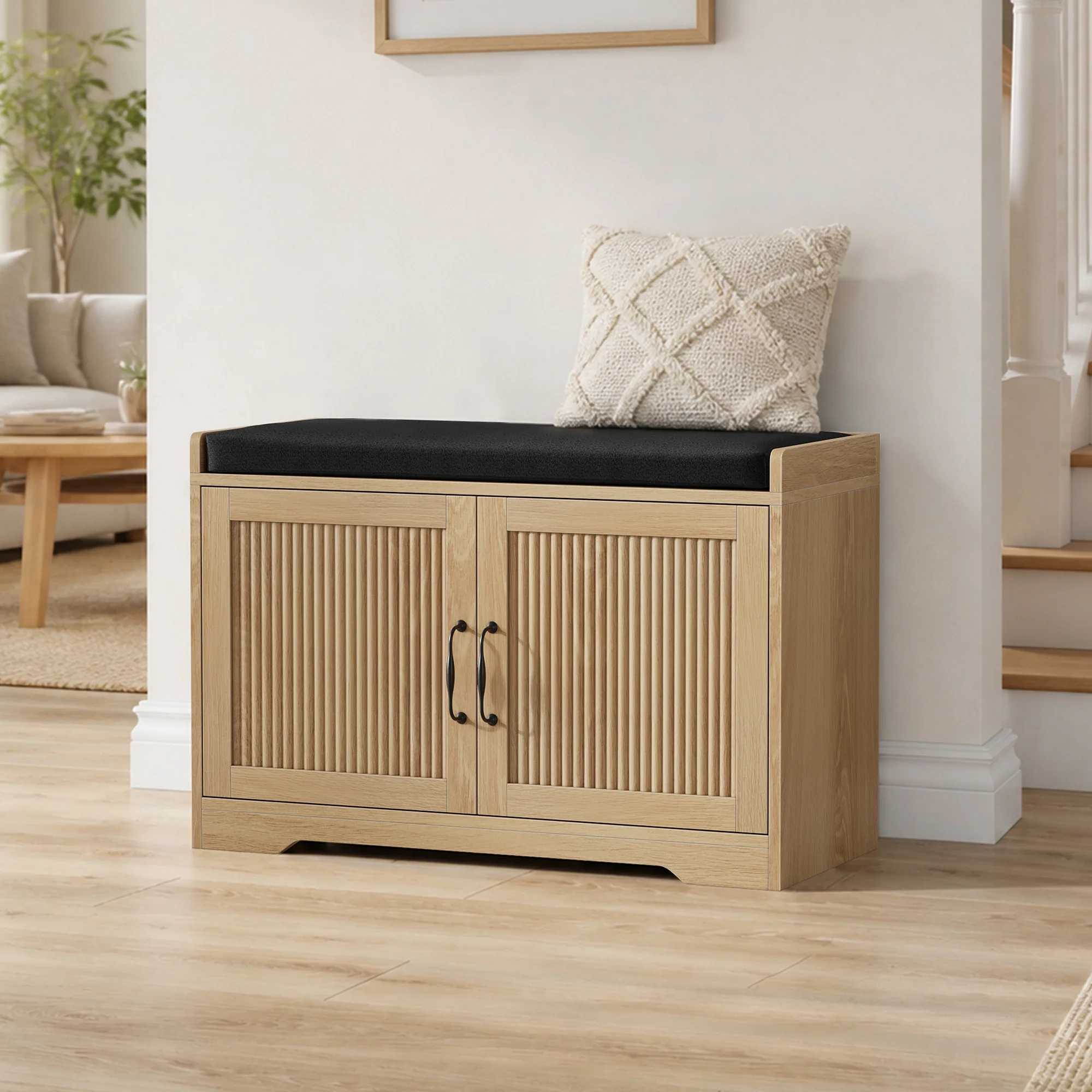 Fluted Entryway Shoe and Storage Bench with Double Doors