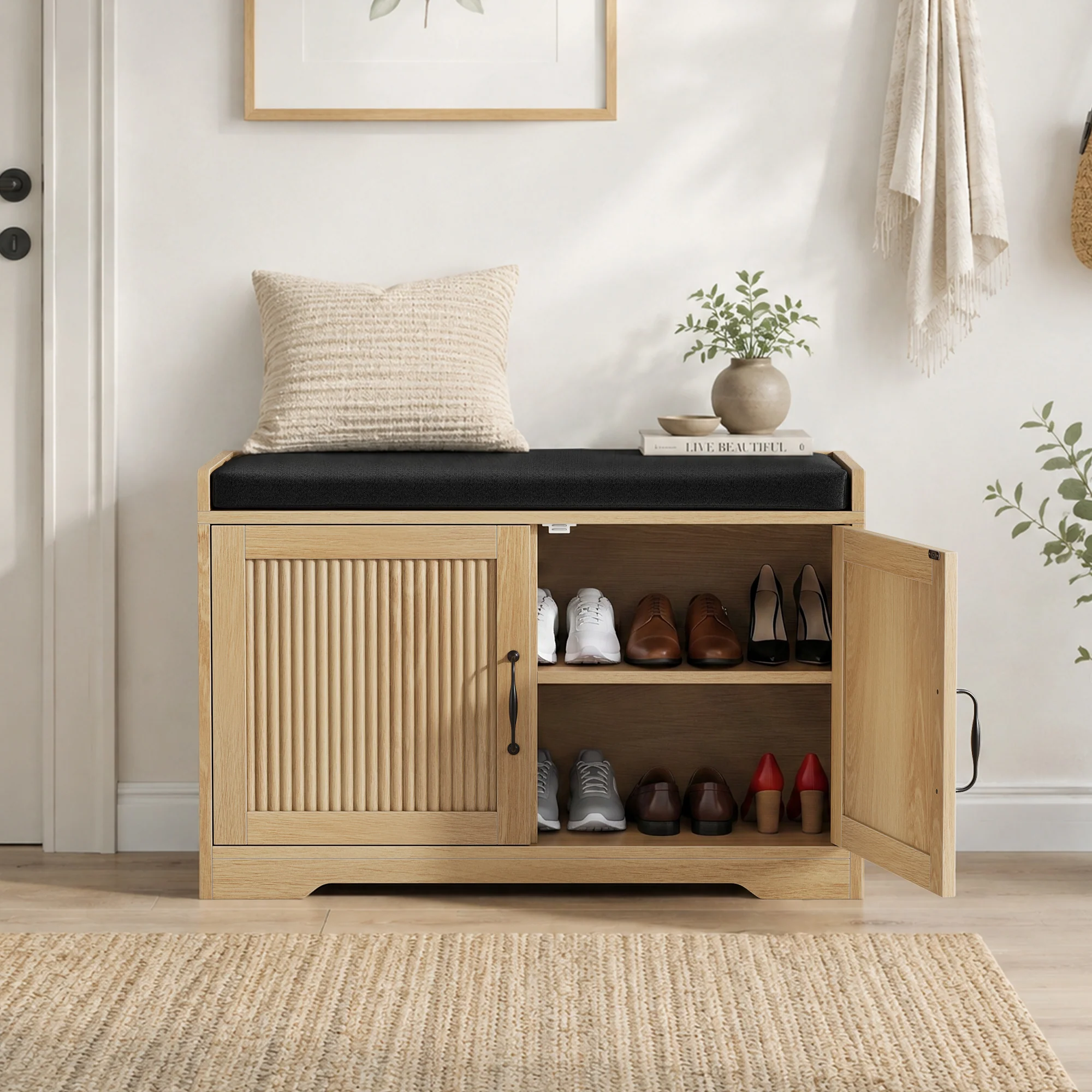 Fluted Entryway Shoe and Storage Bench with Double Doors - Image 2