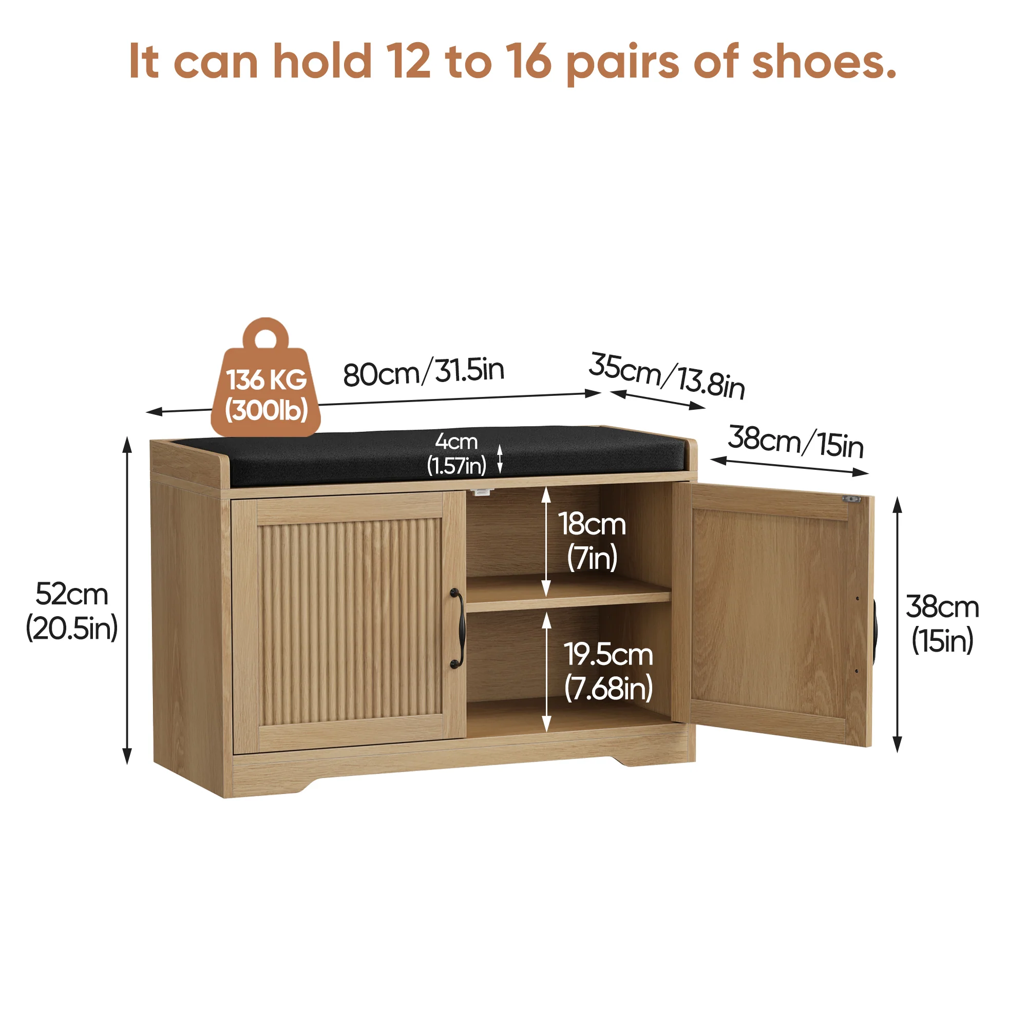 Fluted Entryway Shoe and Storage Bench with Double Doors - Image 3