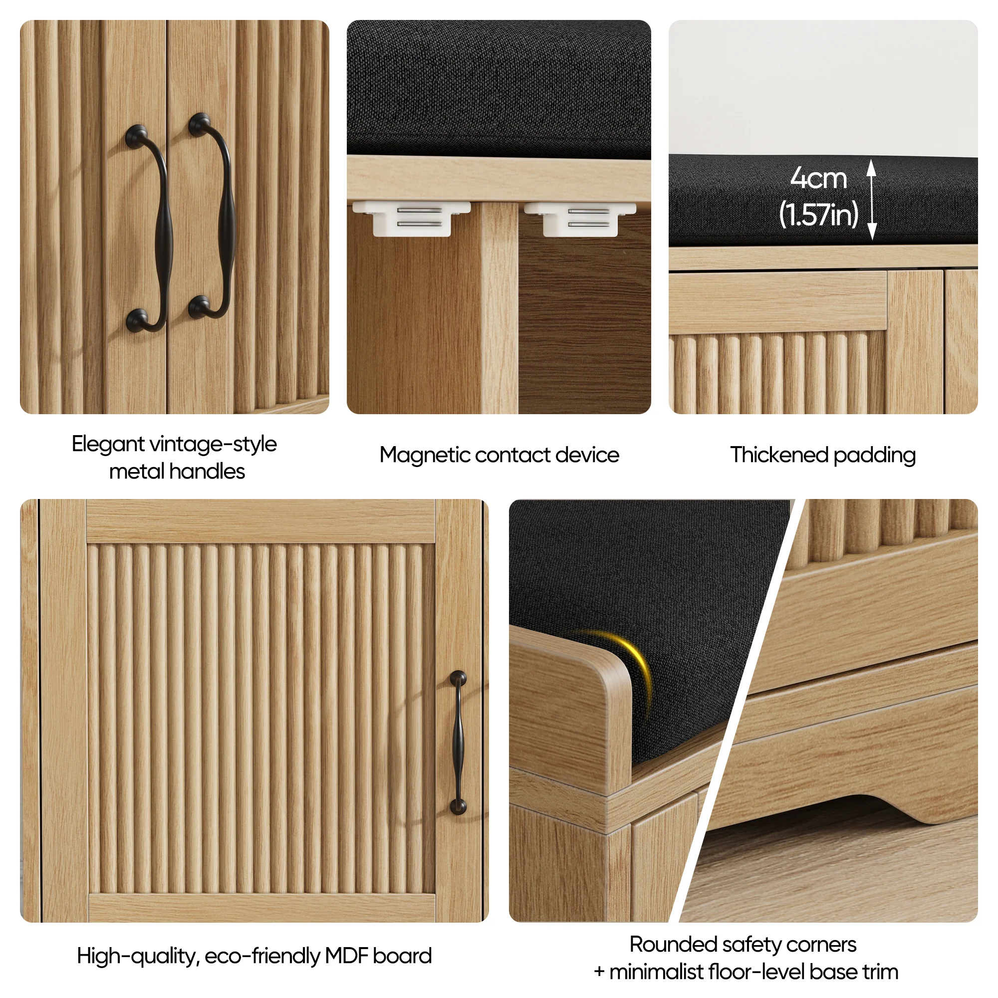 Fluted Entryway Shoe and Storage Bench with Double Doors - Image 4