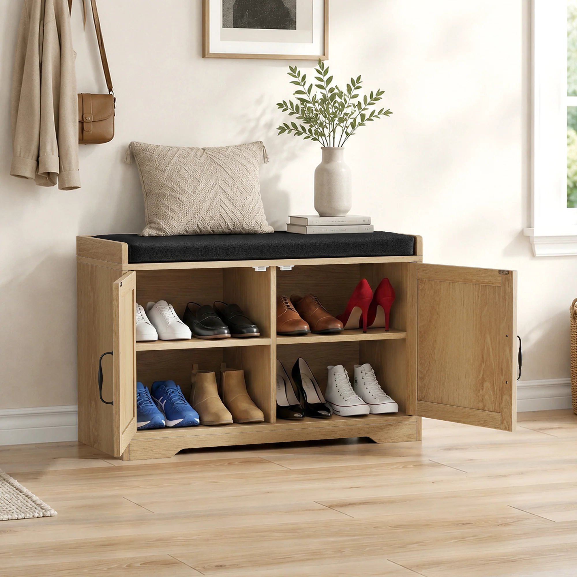 Fluted Entryway Shoe and Storage Bench with Double Doors - Image 5