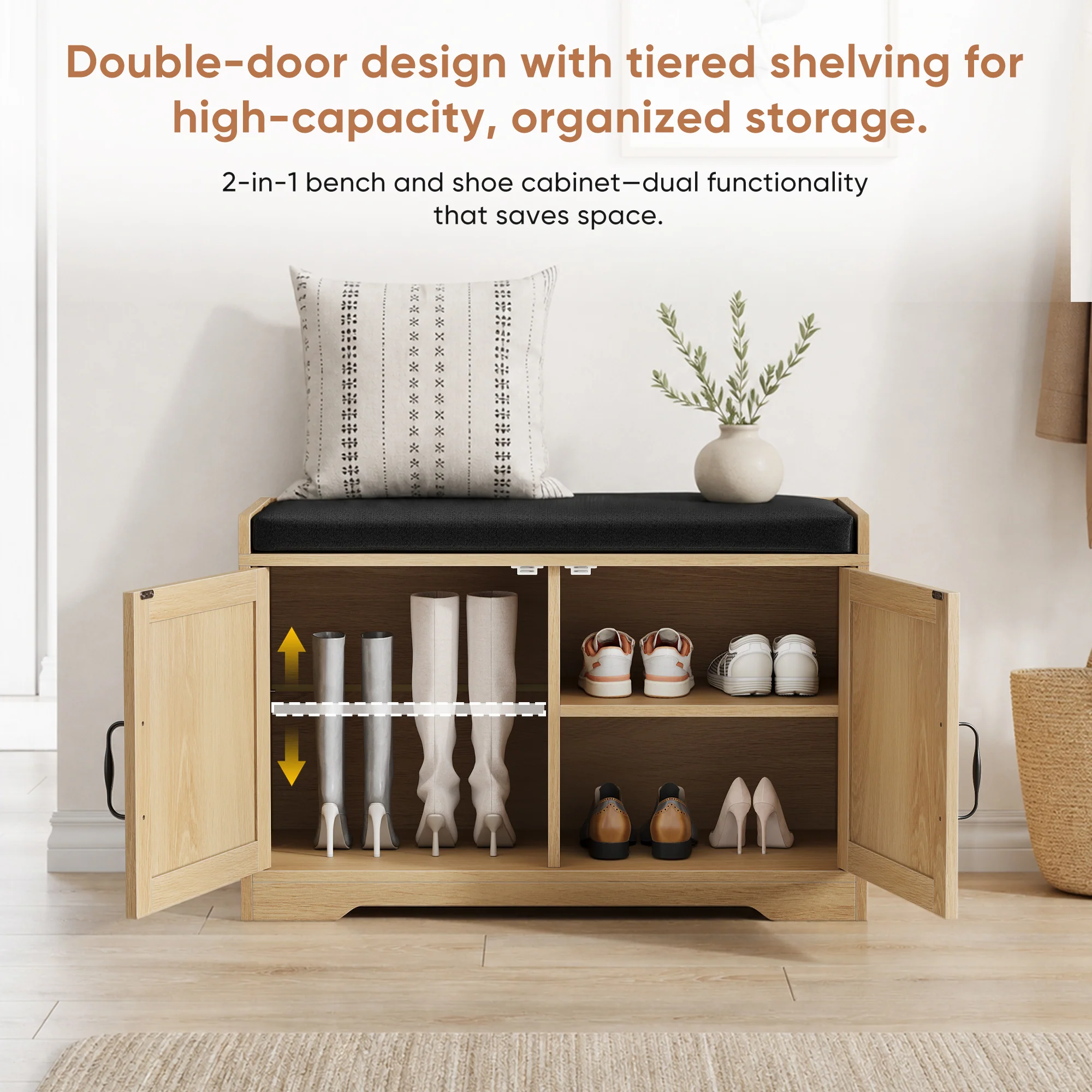 Fluted Entryway Shoe and Storage Bench with Double Doors - Image 6