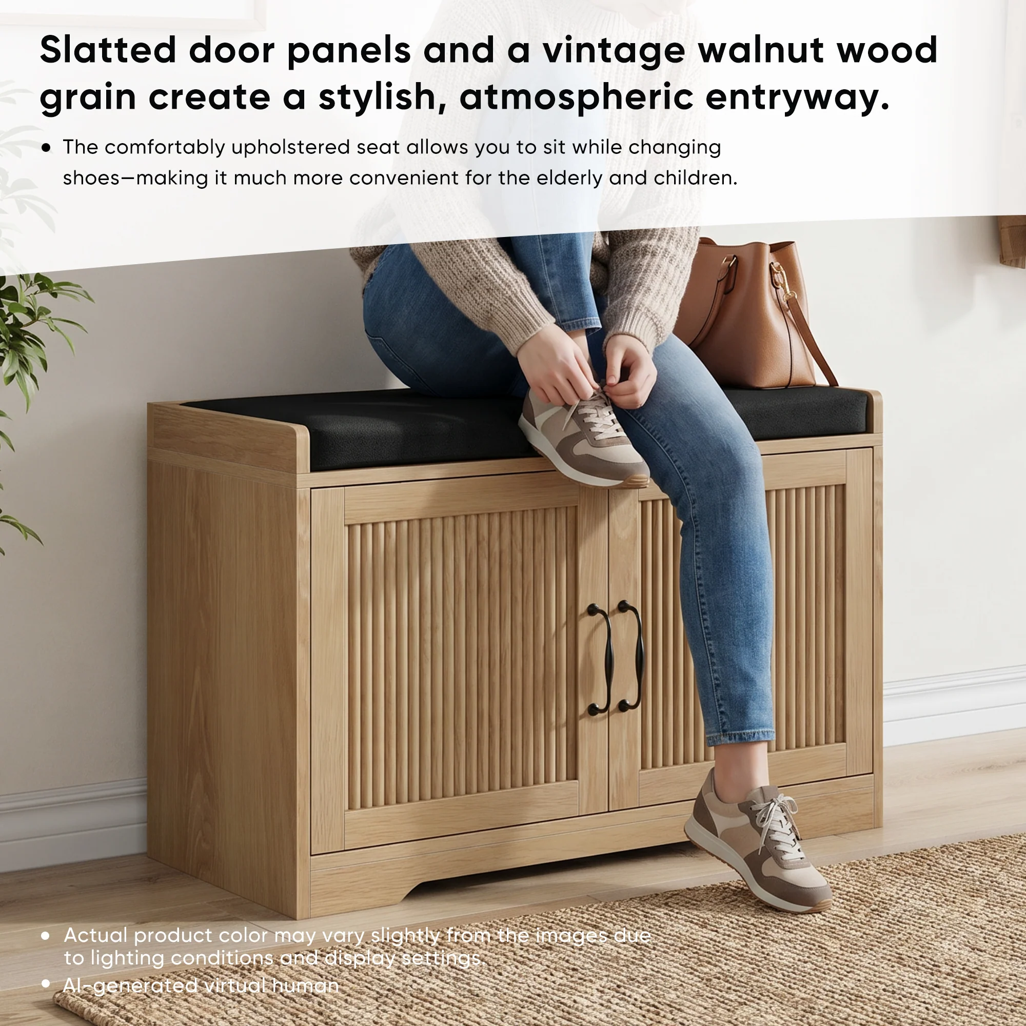 Fluted Entryway Shoe and Storage Bench with Double Doors - Image 7