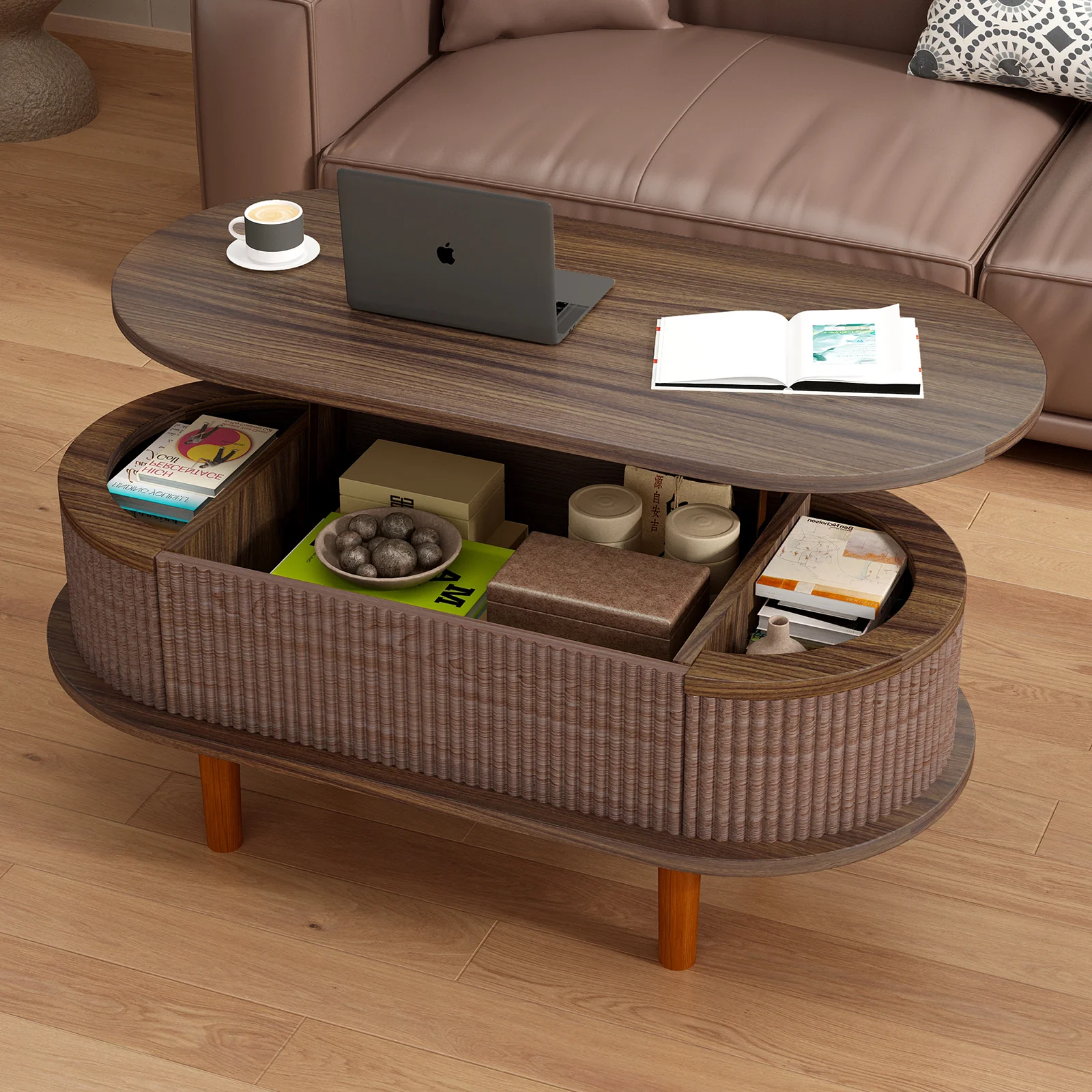 Fluted Modern Oval Lift Top Coffee Table with Hidden Compartment
