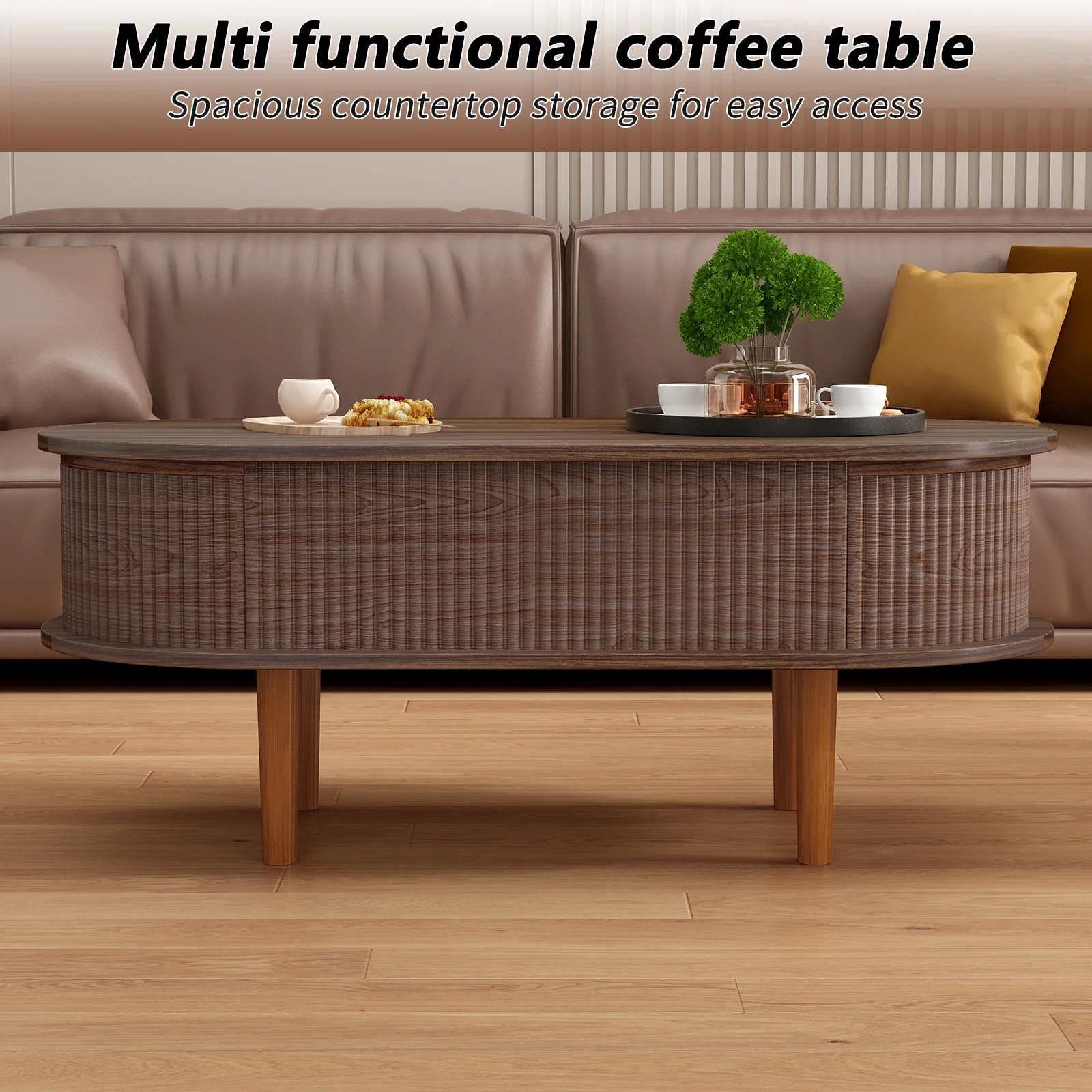 Fluted Modern Oval Lift Top Coffee Table with Hidden Compartment - Image 12