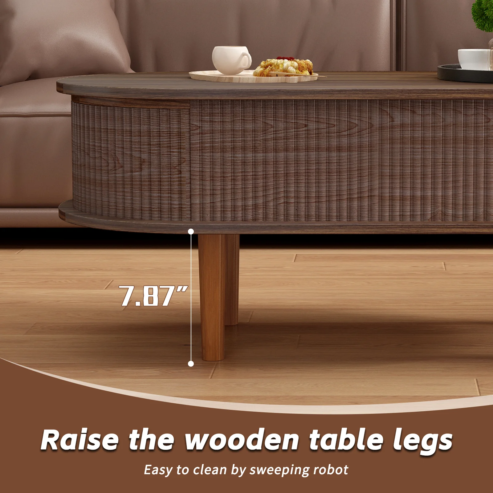 Fluted Modern Oval Lift Top Coffee Table with Hidden Compartment - Image 14