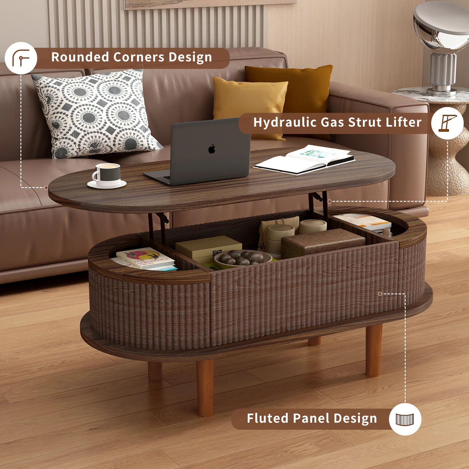 Fluted Modern Oval Lift Top Coffee Table with Hidden Compartment - Image 15